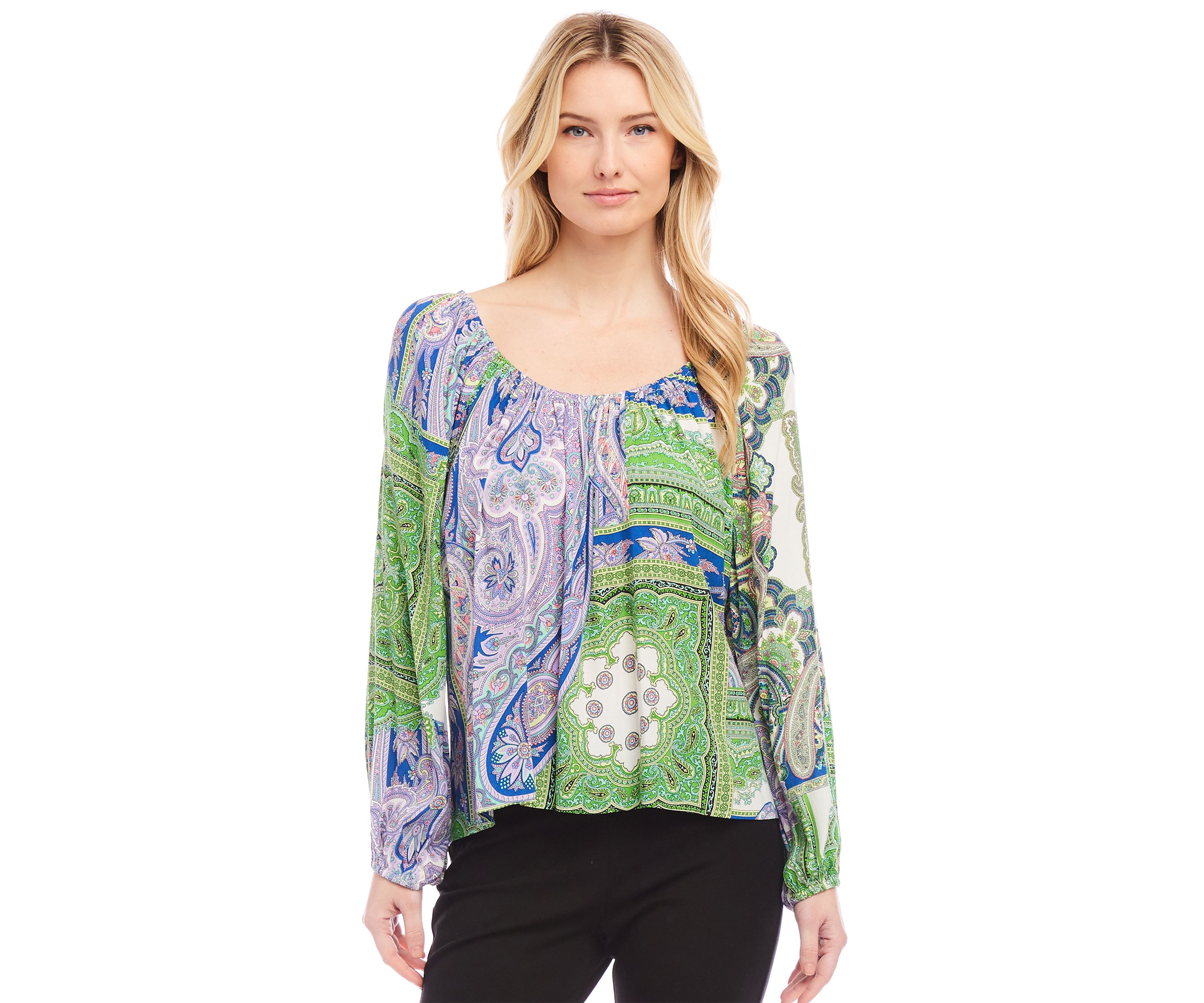 Petite Size Blouson Sleeve Printed Peasant Top