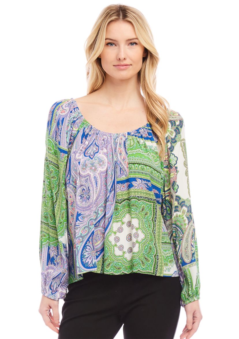 Petite Size Blouson Sleeve Printed Peasant Top