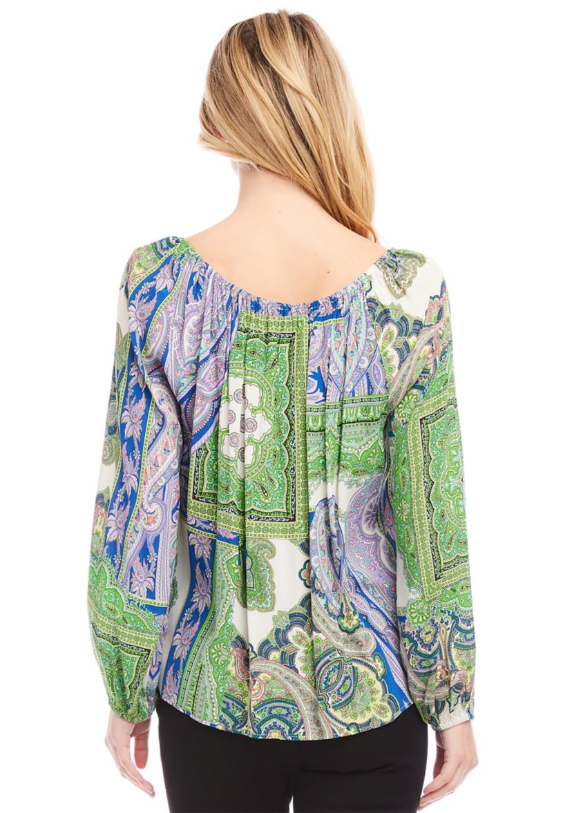 Petite Size Blouson Sleeve Printed Peasant Top