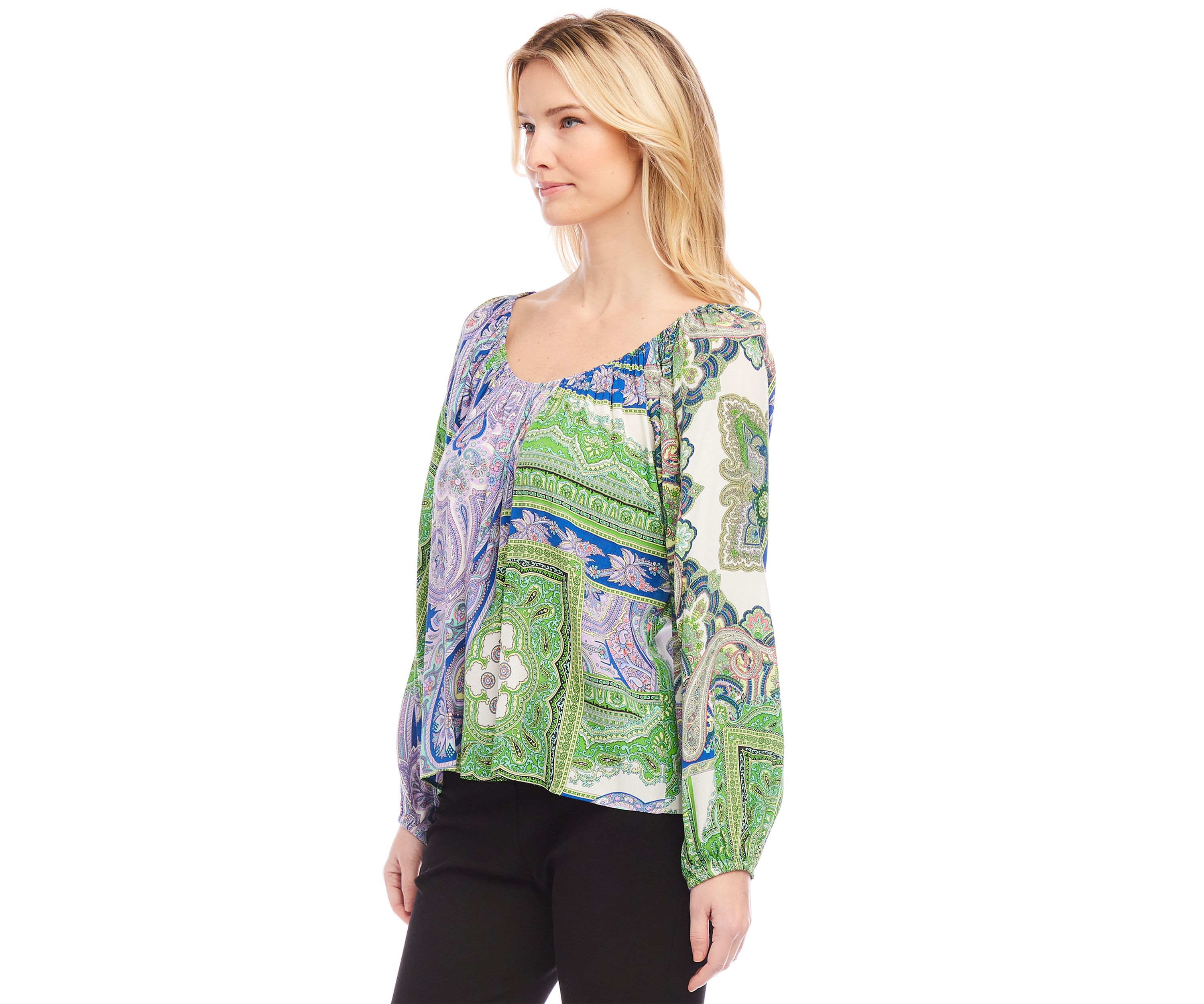 Petite Size Blouson Sleeve Printed Peasant Top