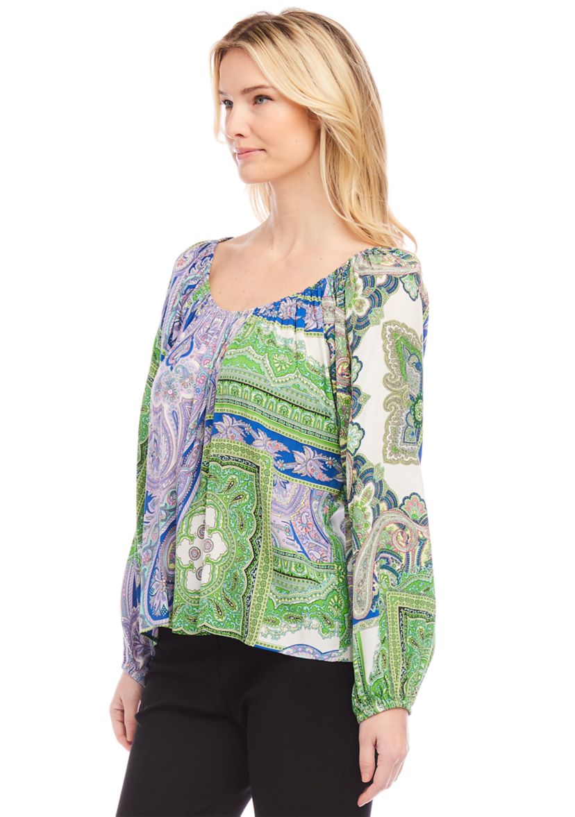 Petite Size Blouson Sleeve Printed Peasant Top