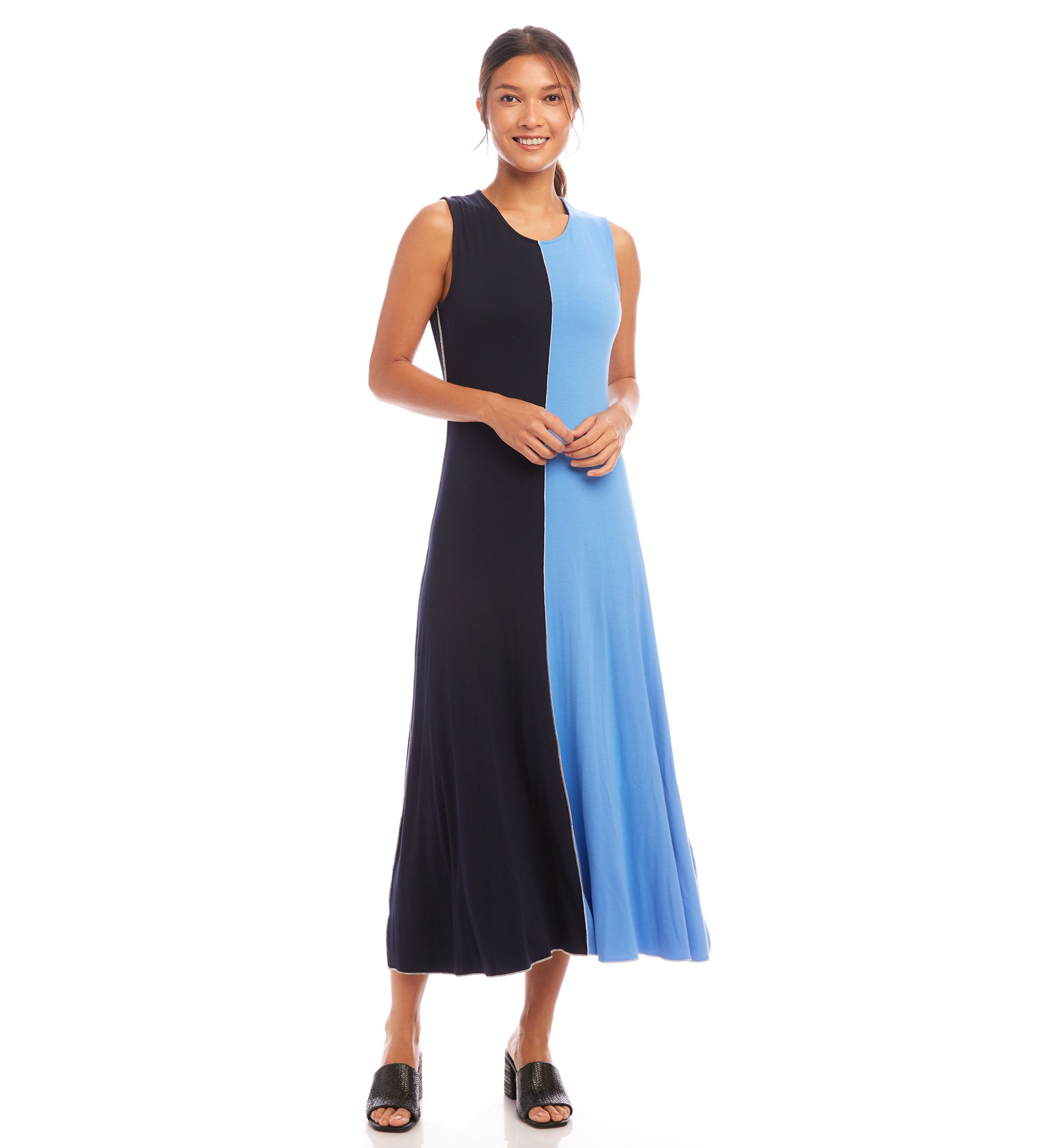 Womens Sleeveless Color Blocked Midi Dress