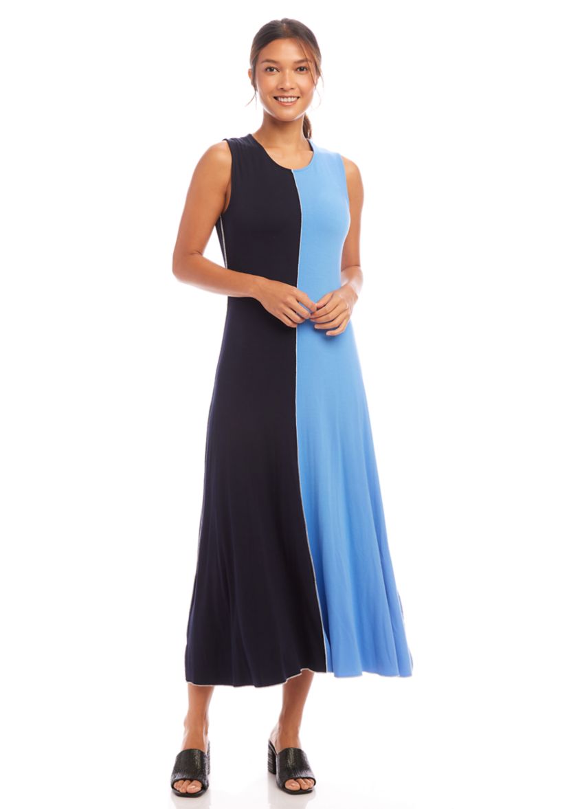 Womens Sleeveless Color Blocked Midi Dress