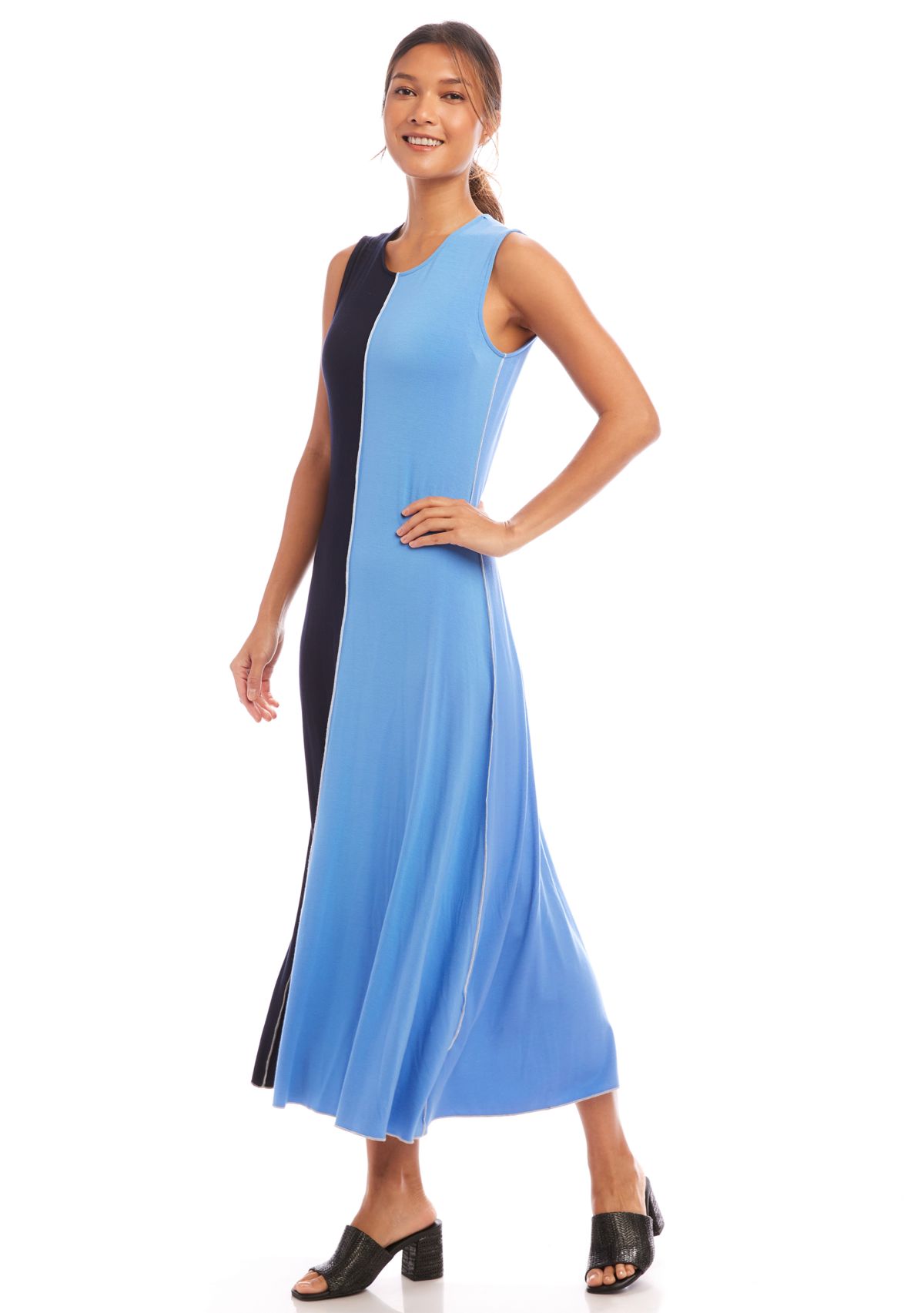 Womens Sleeveless Color Blocked Midi Dress