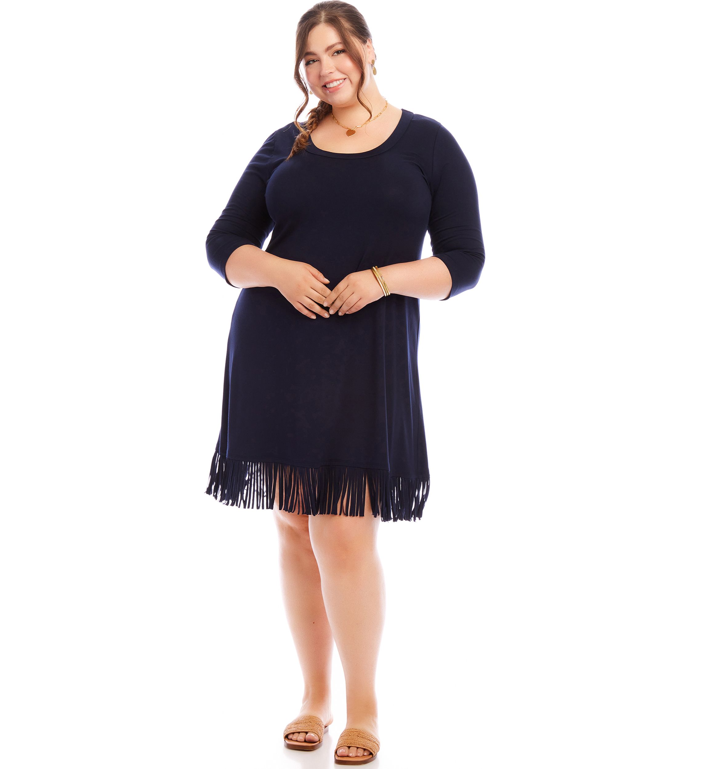 Plus Size 3/4 Sleeve Fringe Hem Dress
