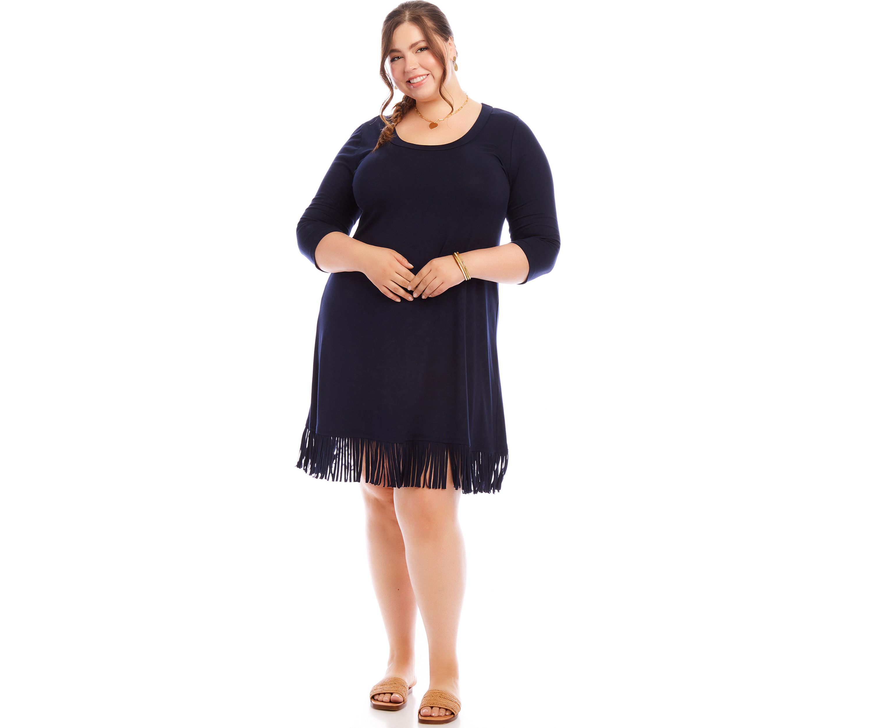 Plus Size 3/4 Sleeve Fringe Hem Dress