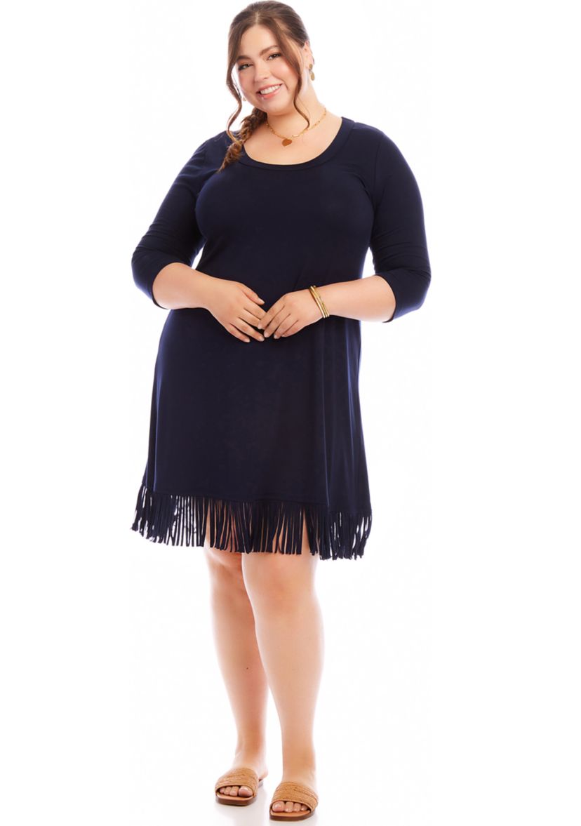 Plus Size 3/4 Sleeve Fringe Hem Dress