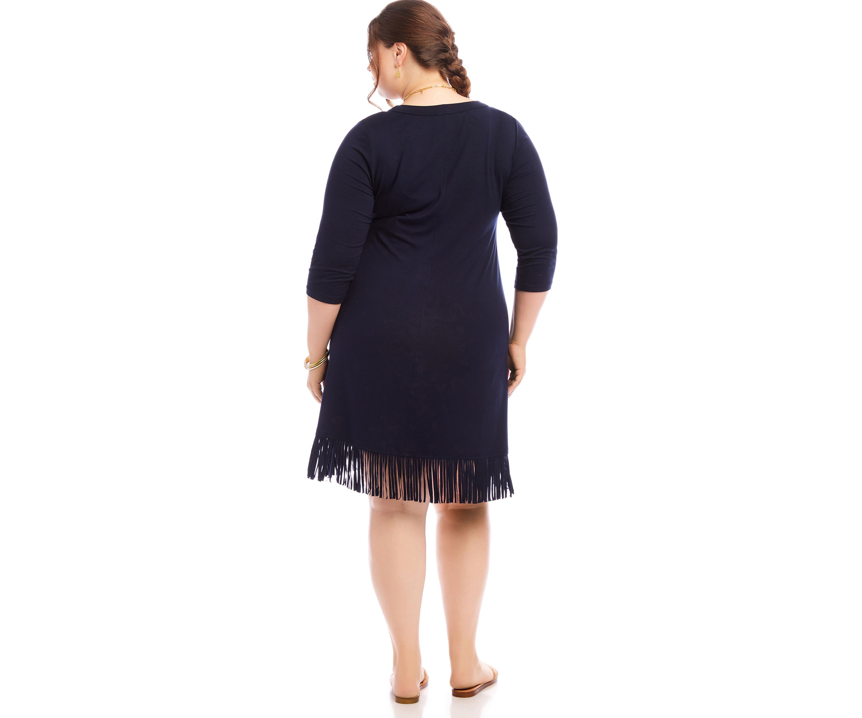 Plus Size 3/4 Sleeve Fringe Hem Dress
