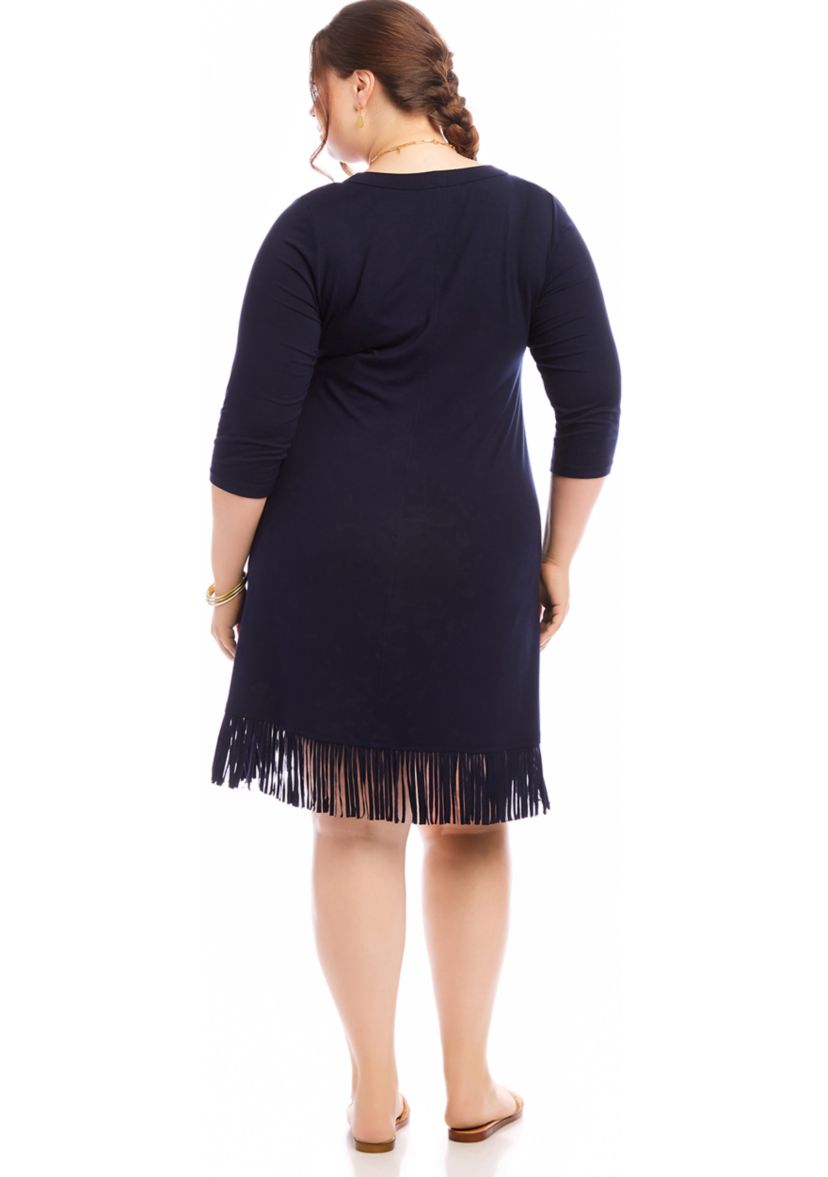 Plus Size 3/4 Sleeve Fringe Hem Dress