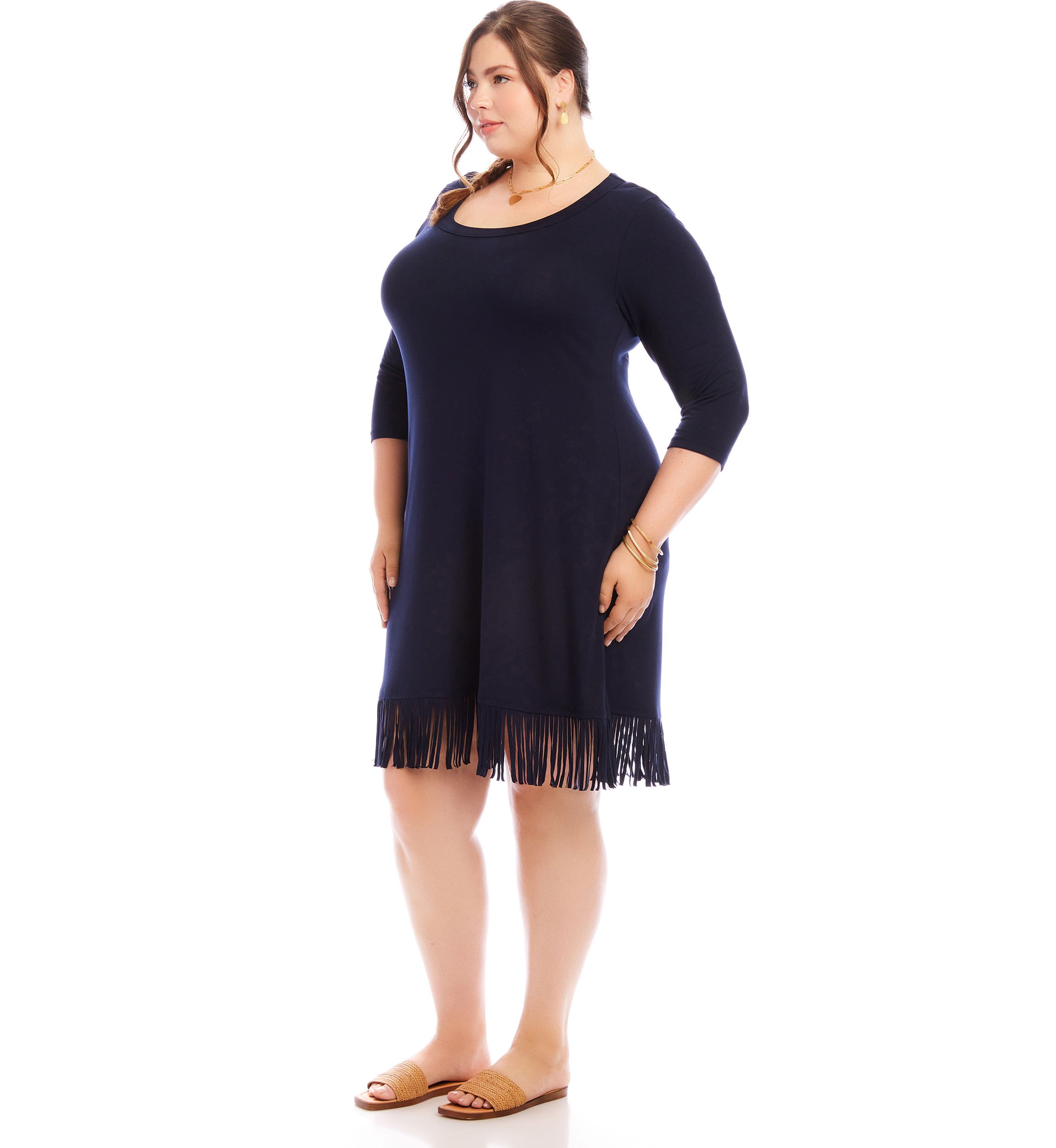 Plus Size 3/4 Sleeve Fringe Hem Dress