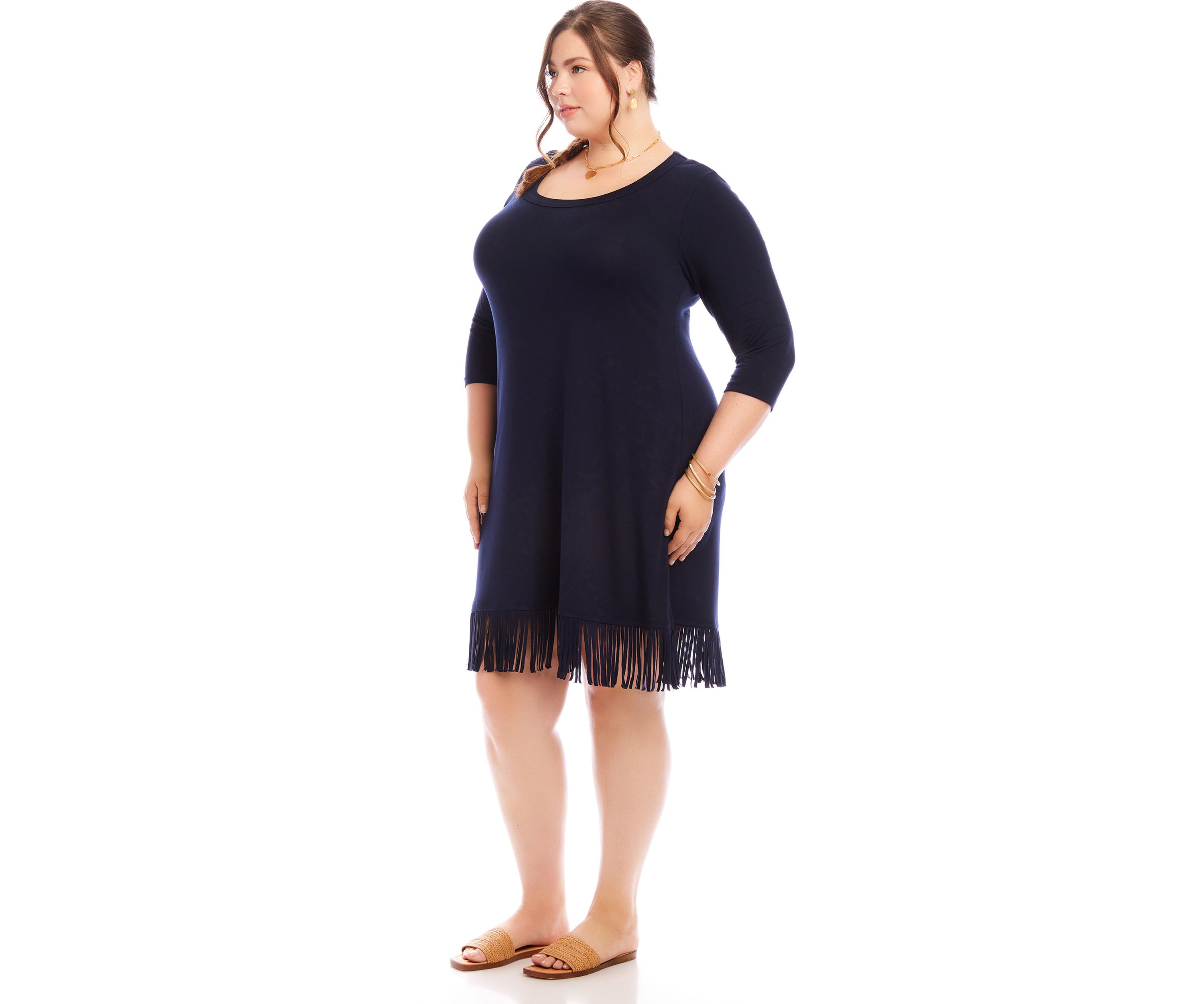 Plus Size 3/4 Sleeve Fringe Hem Dress