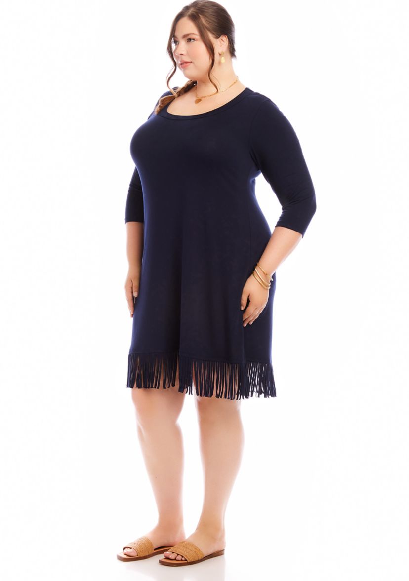 Plus Size 3/4 Sleeve Fringe Hem Dress
