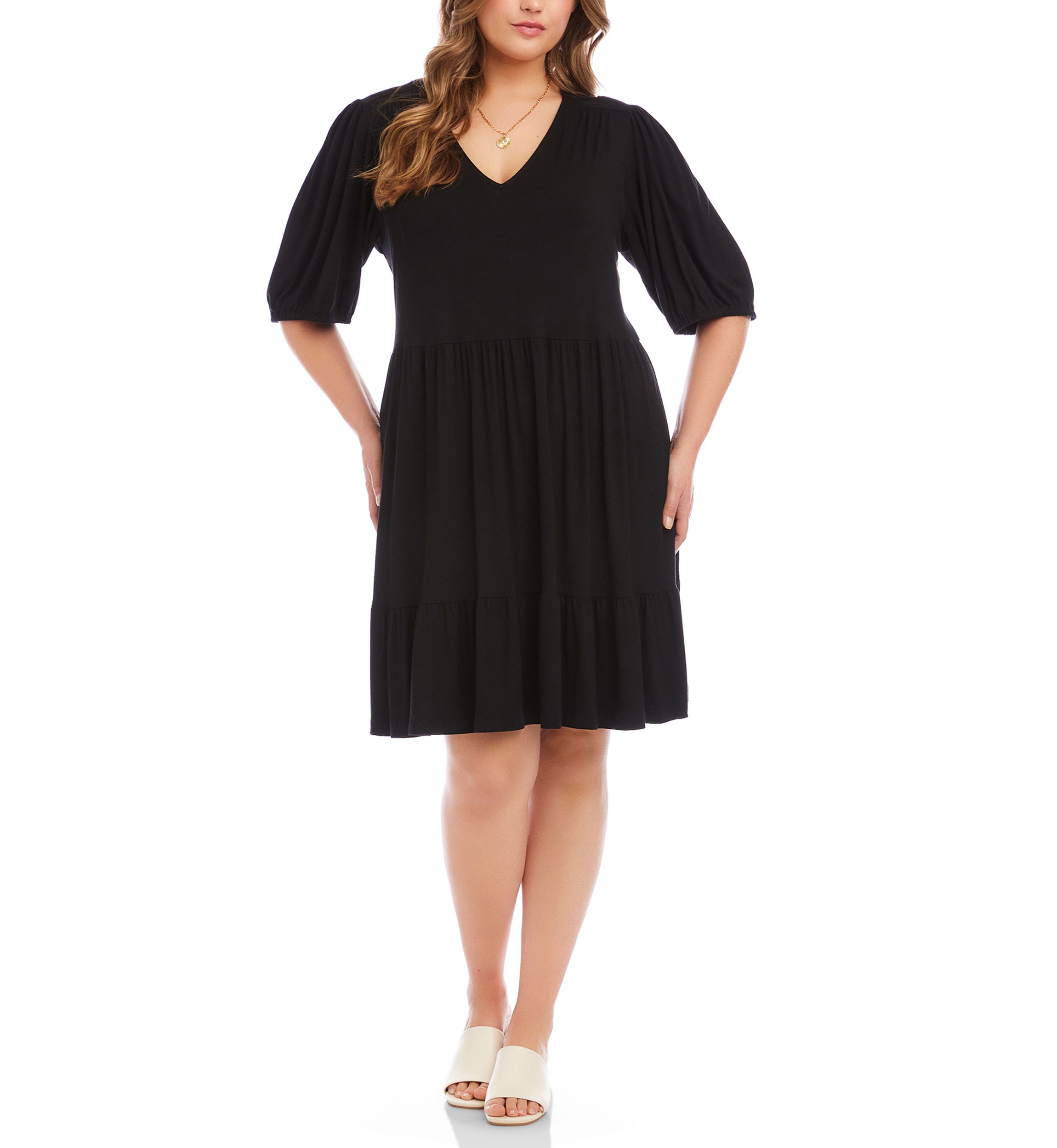 fitted lace wedding dress Karen Kane Puff Sleeve Tiered Dress Women's Dress Black : XL