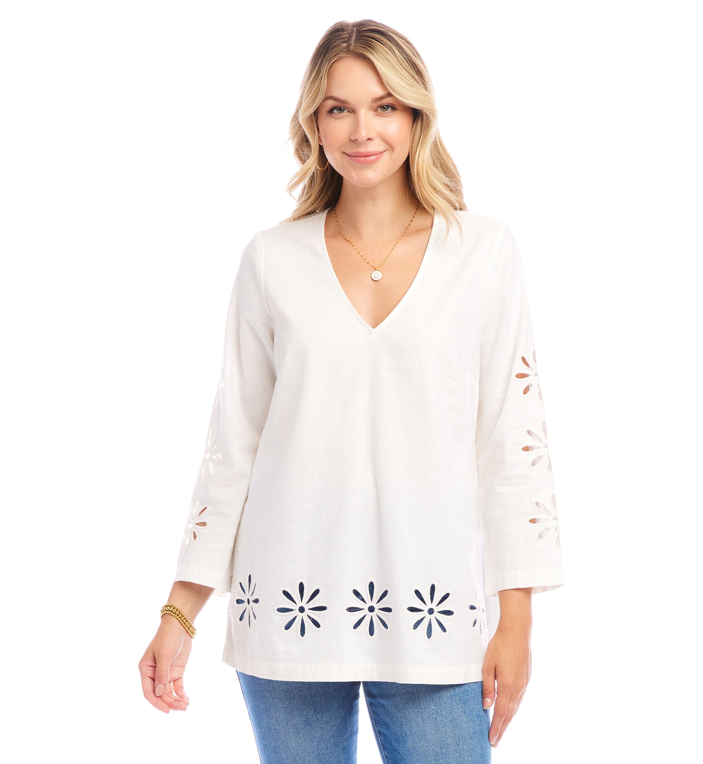 Womens Cutout Embroidered Flower Detail Tunic