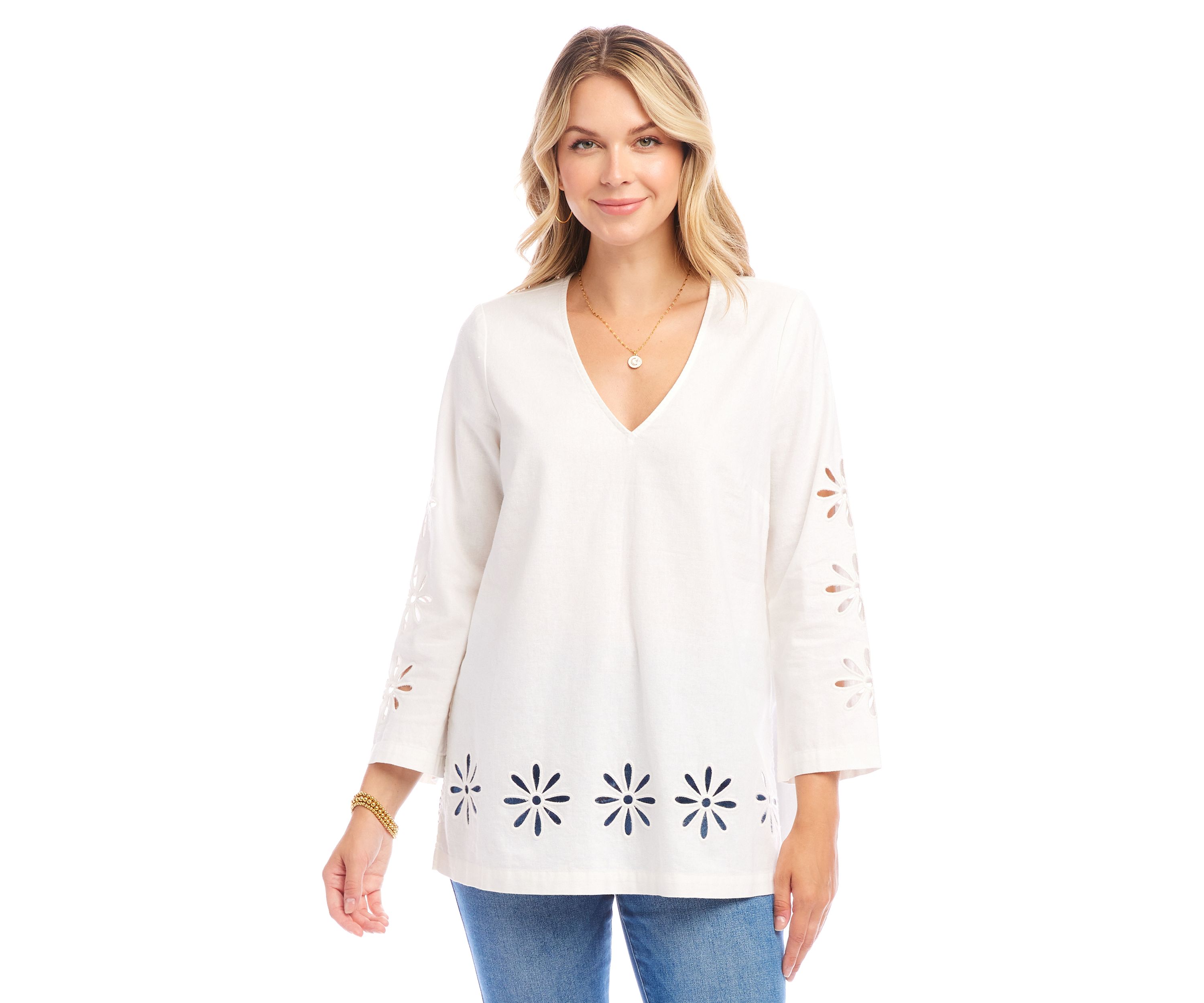 Womens Cutout Embroidered Flower Detail Tunic