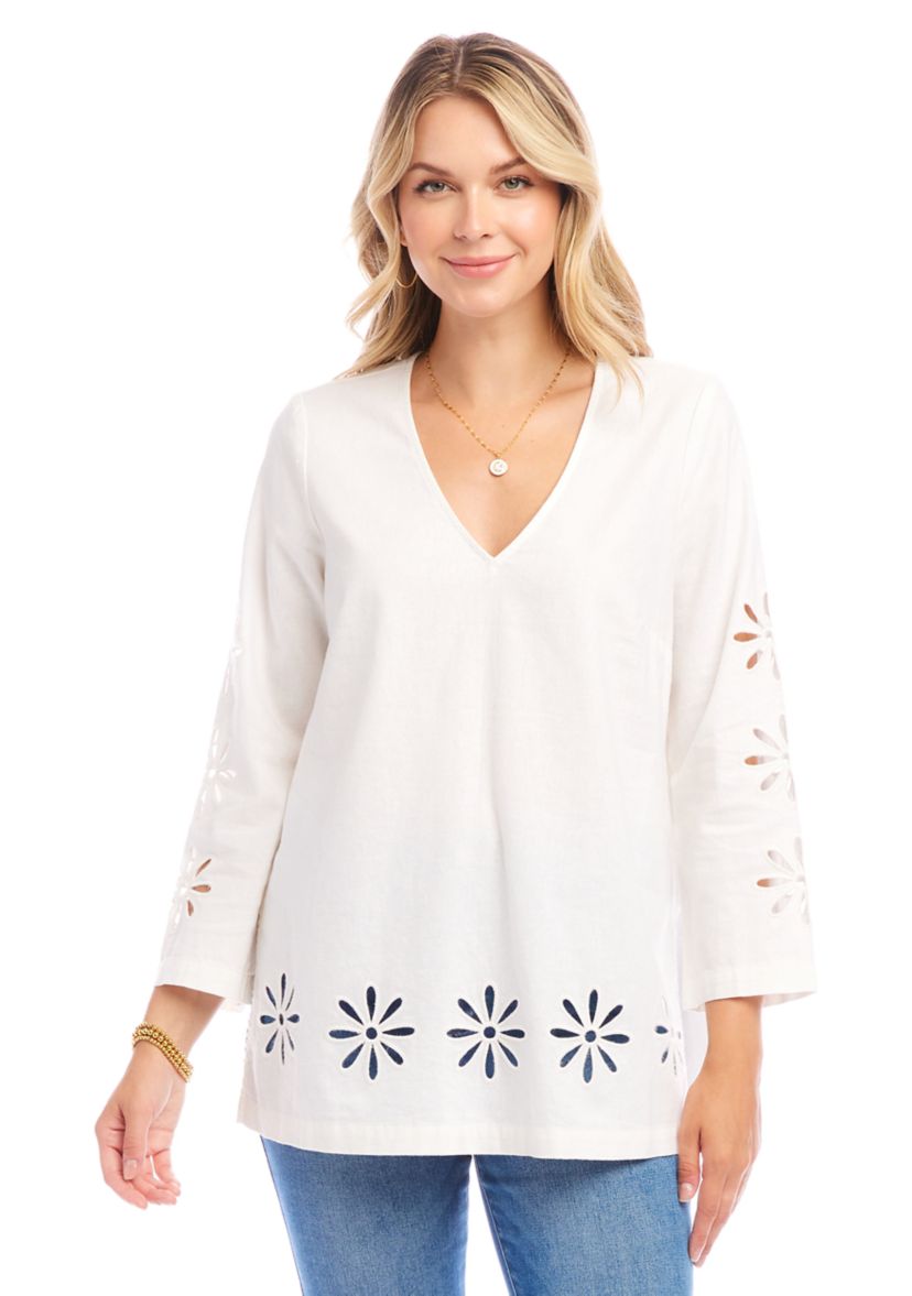 Womens Cutout Embroidered Flower Detail Tunic