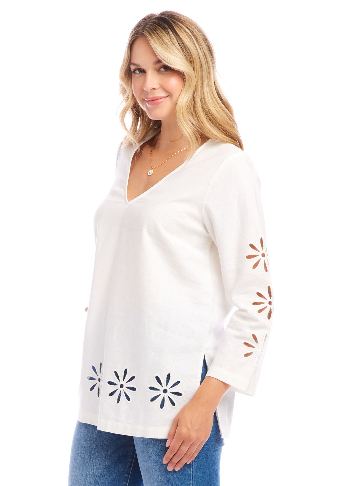 Womens Cutout Embroidered Flower Detail Tunic