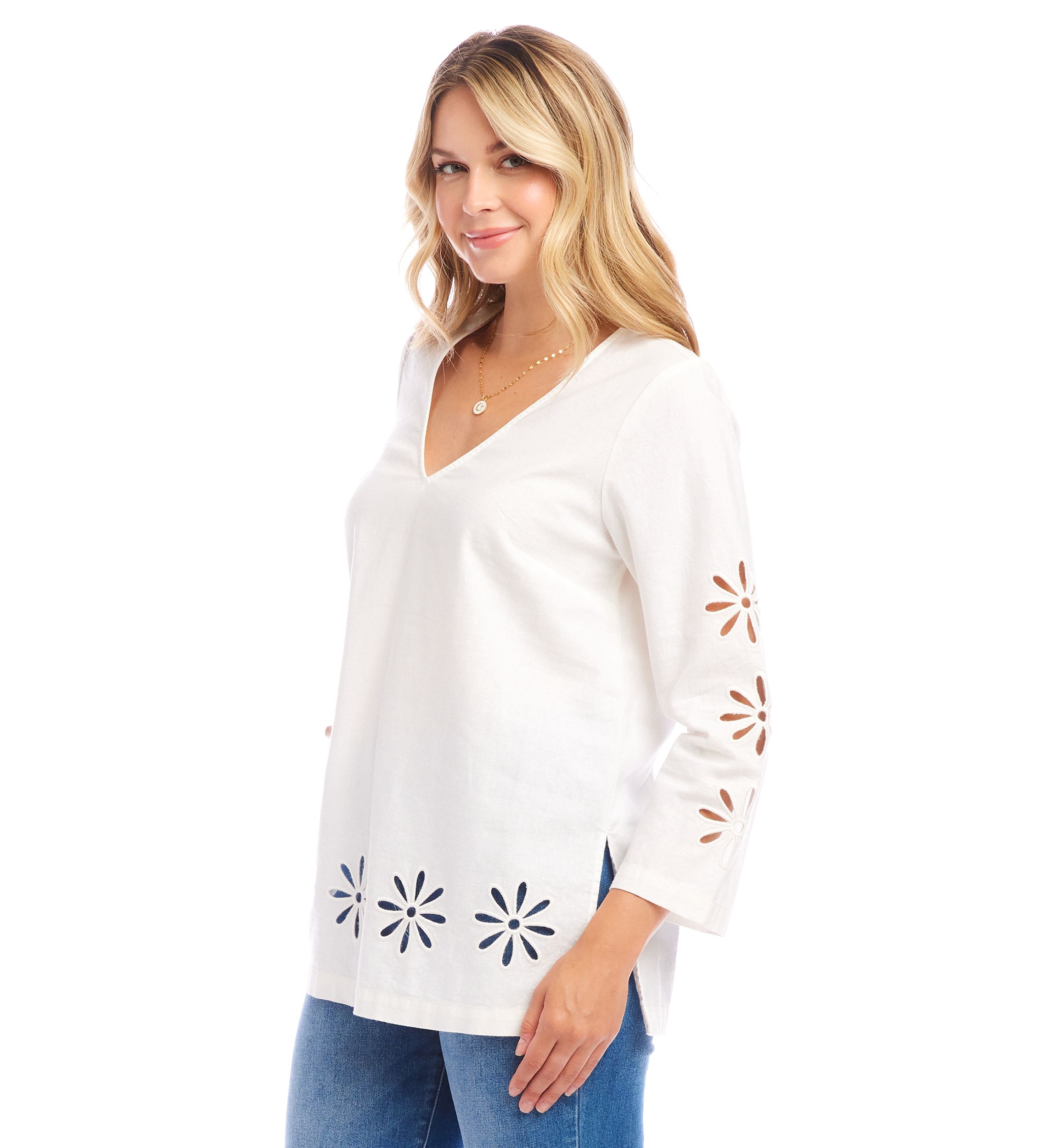 Womens Cutout Embroidered Flower Detail Tunic