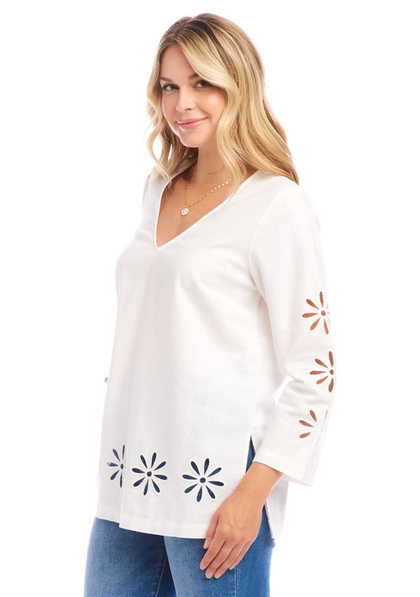 Womens Cutout Embroidered Flower Detail Tunic