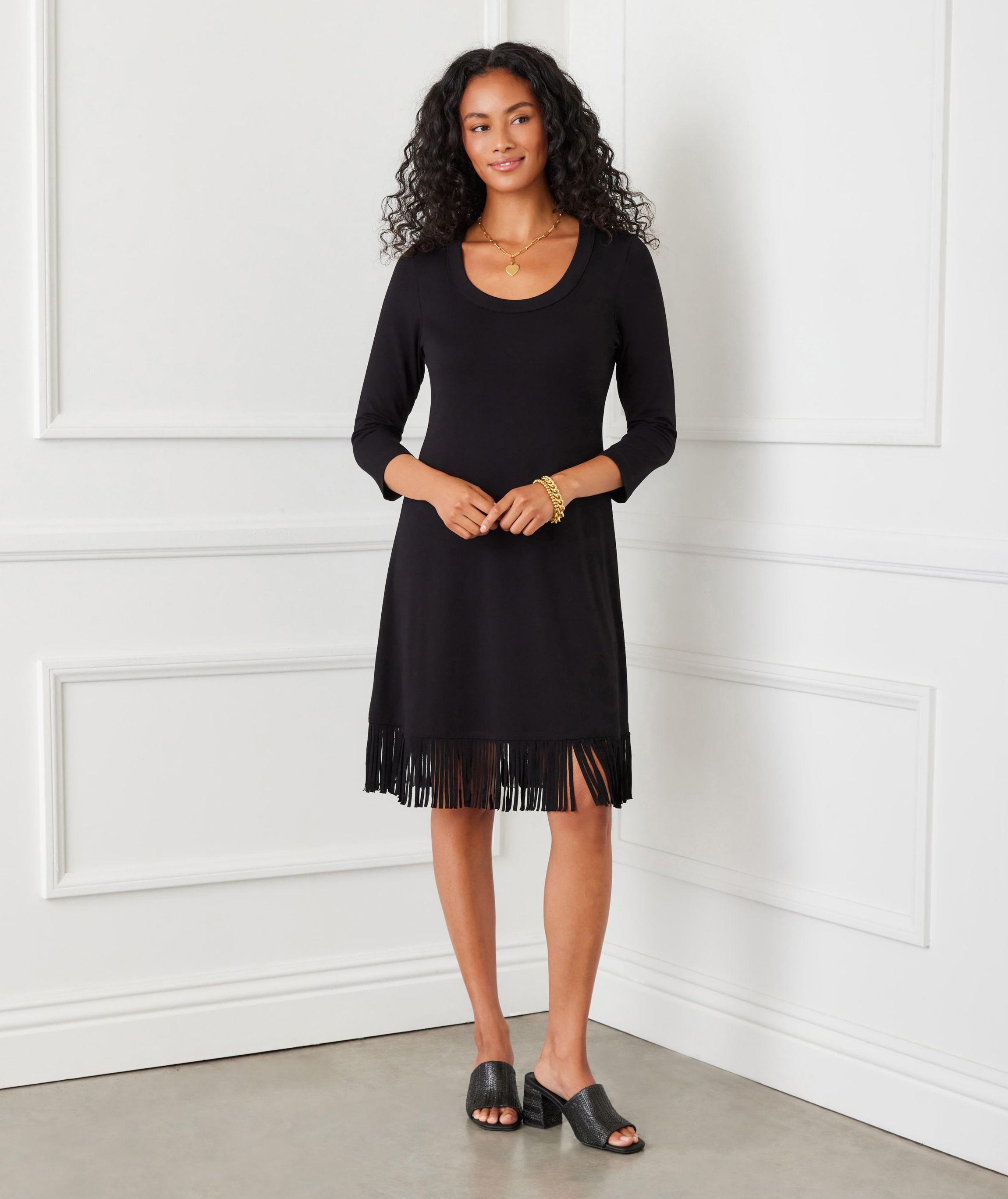 Womens 3/4 Sleeve Fringe Hem Dress