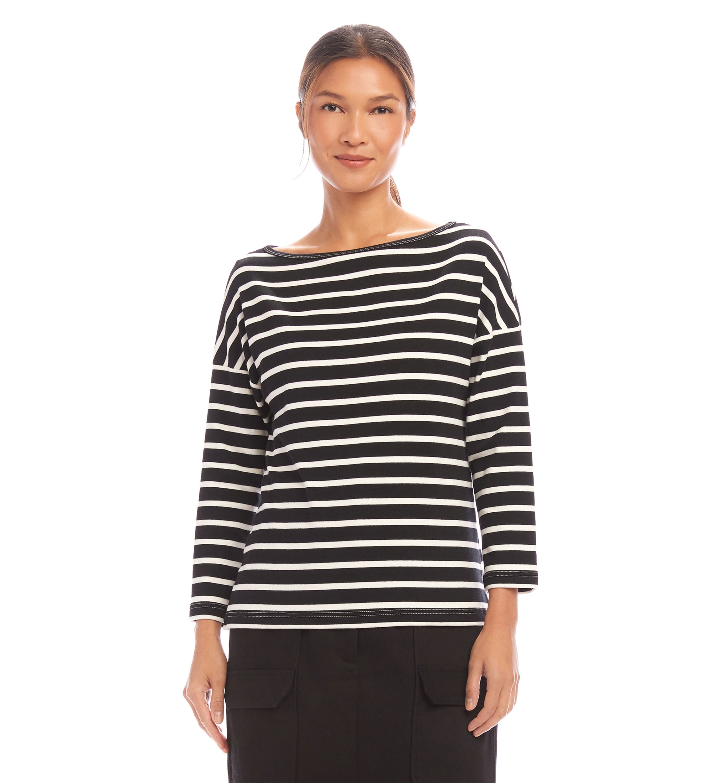 Womens Stripe 3/4 Sleeve Boat Neck Top