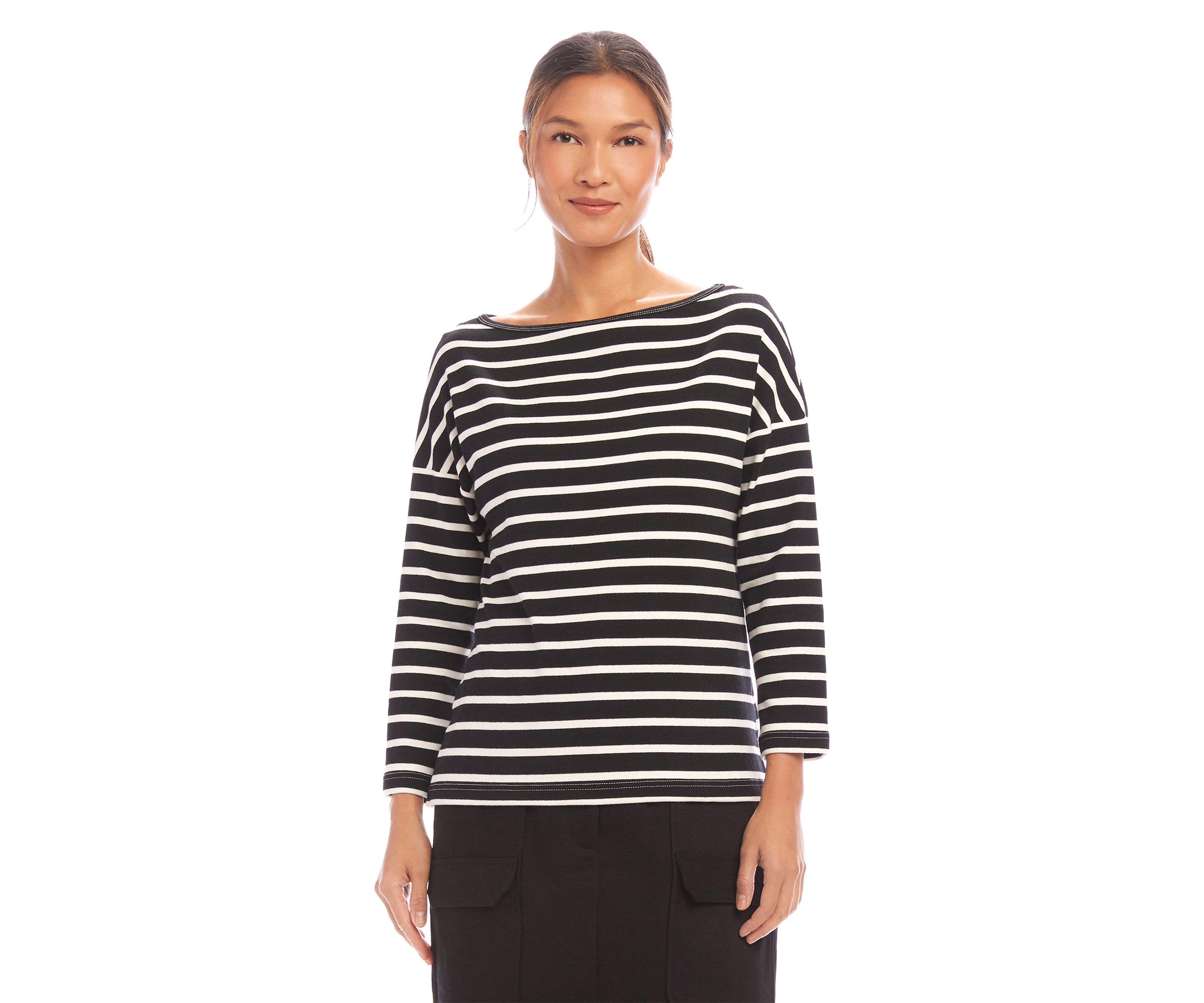 Womens Stripe 3/4 Sleeve Boat Neck Top