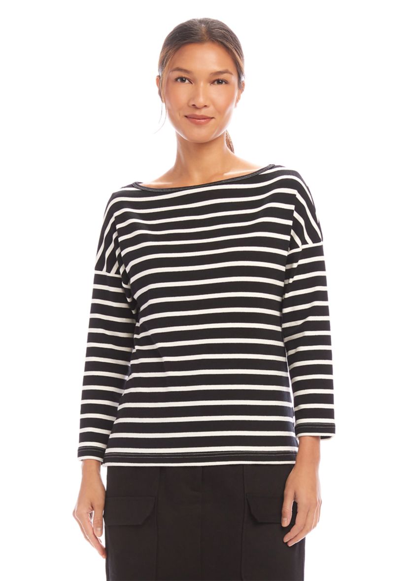 Womens Stripe 3/4 Sleeve Boat Neck Top