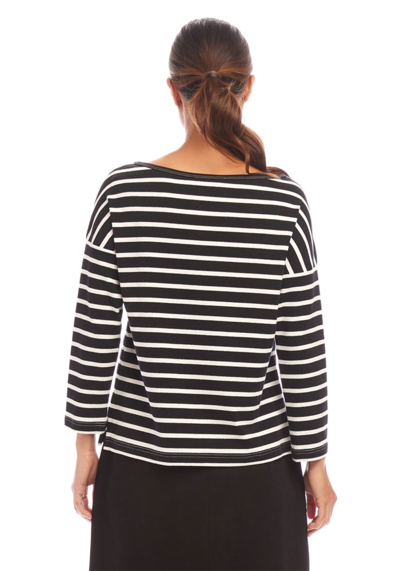 Womens Stripe 3/4 Sleeve Boat Neck Top