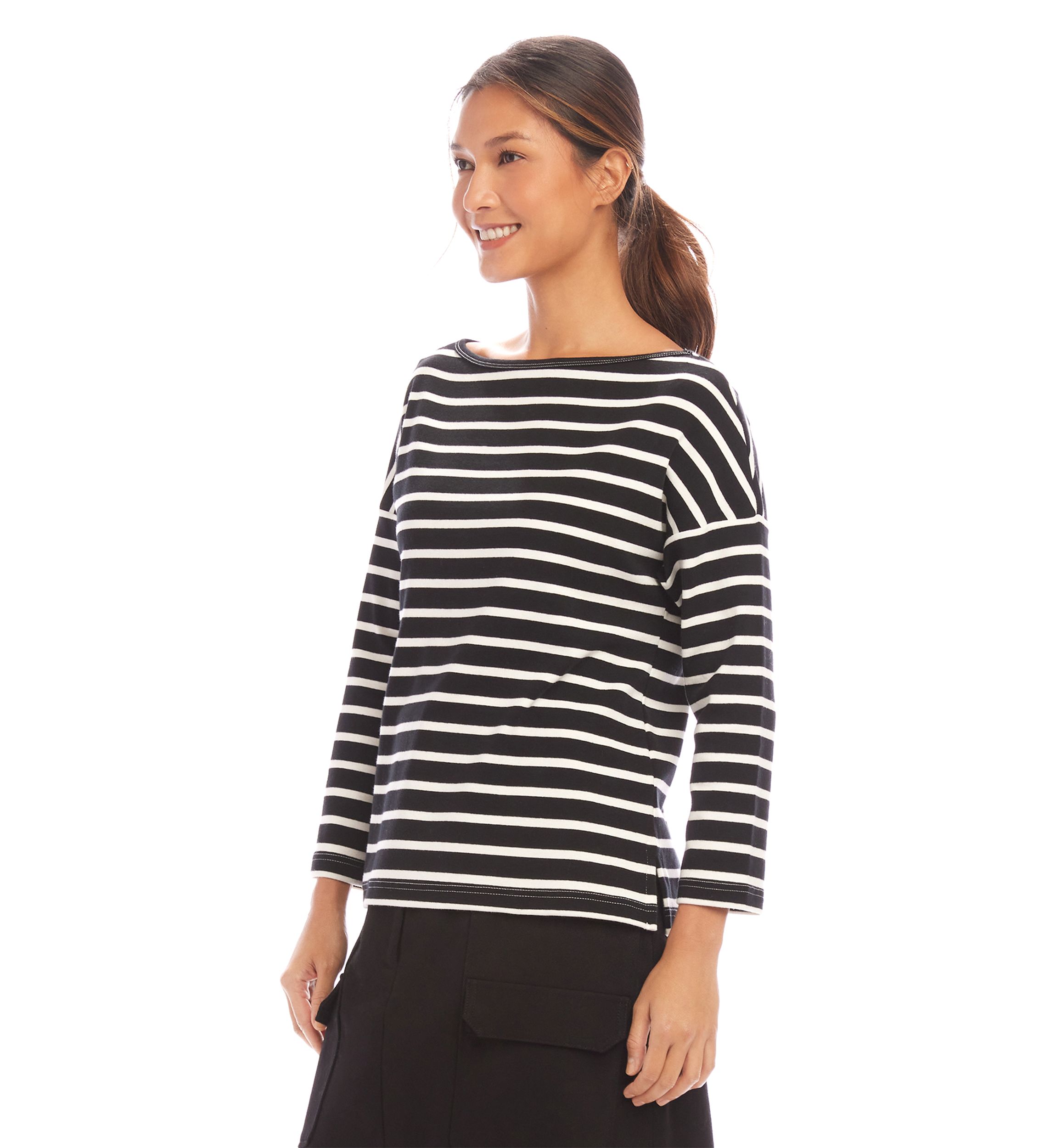 Womens Stripe 3/4 Sleeve Boat Neck Top
