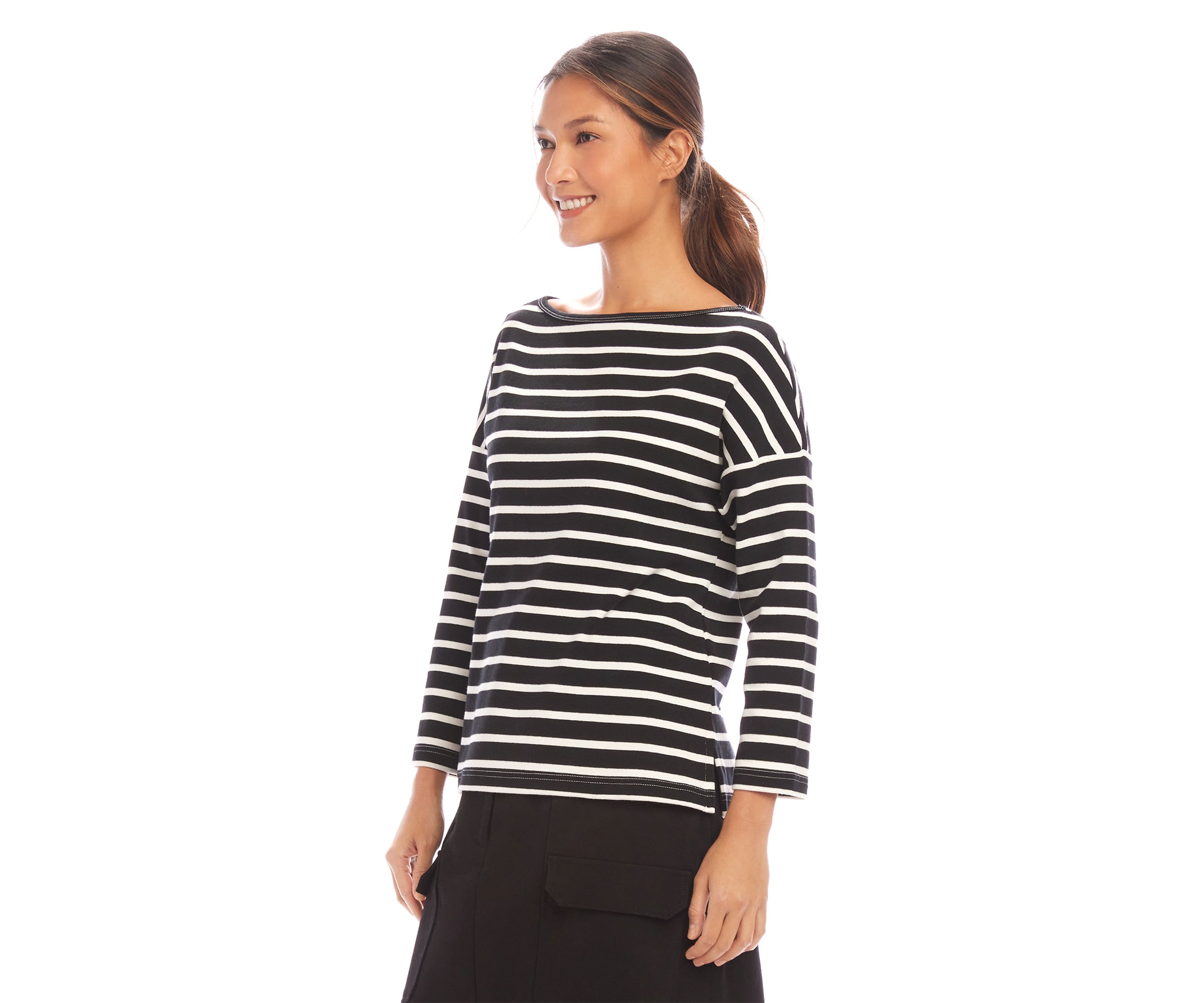 Womens Stripe 3/4 Sleeve Boat Neck Top