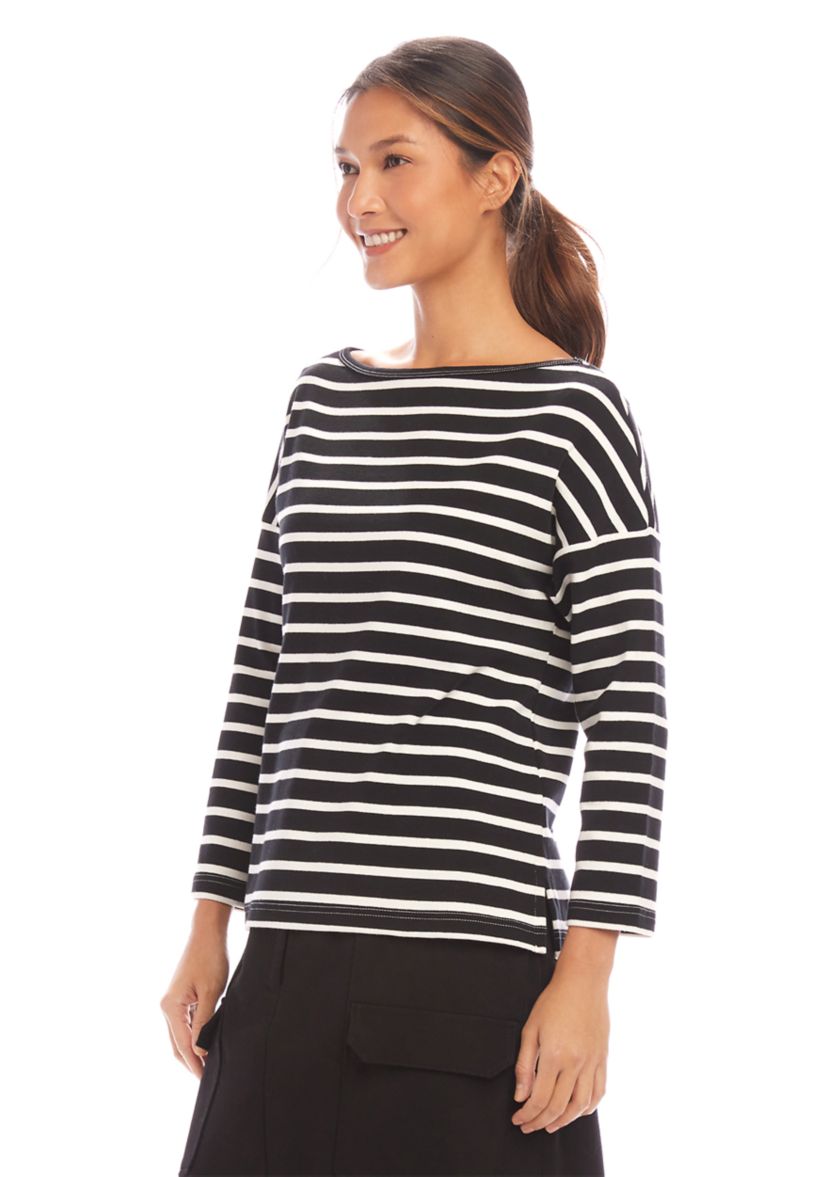 Womens Stripe 3/4 Sleeve Boat Neck Top