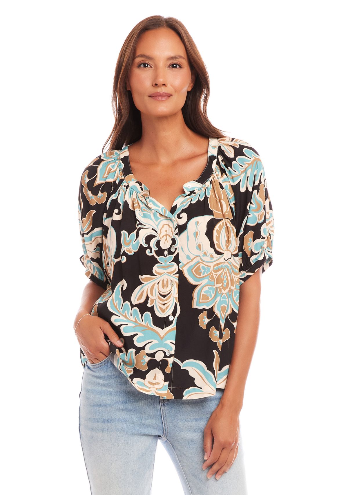 Petite Short Sleeve Peasant Top