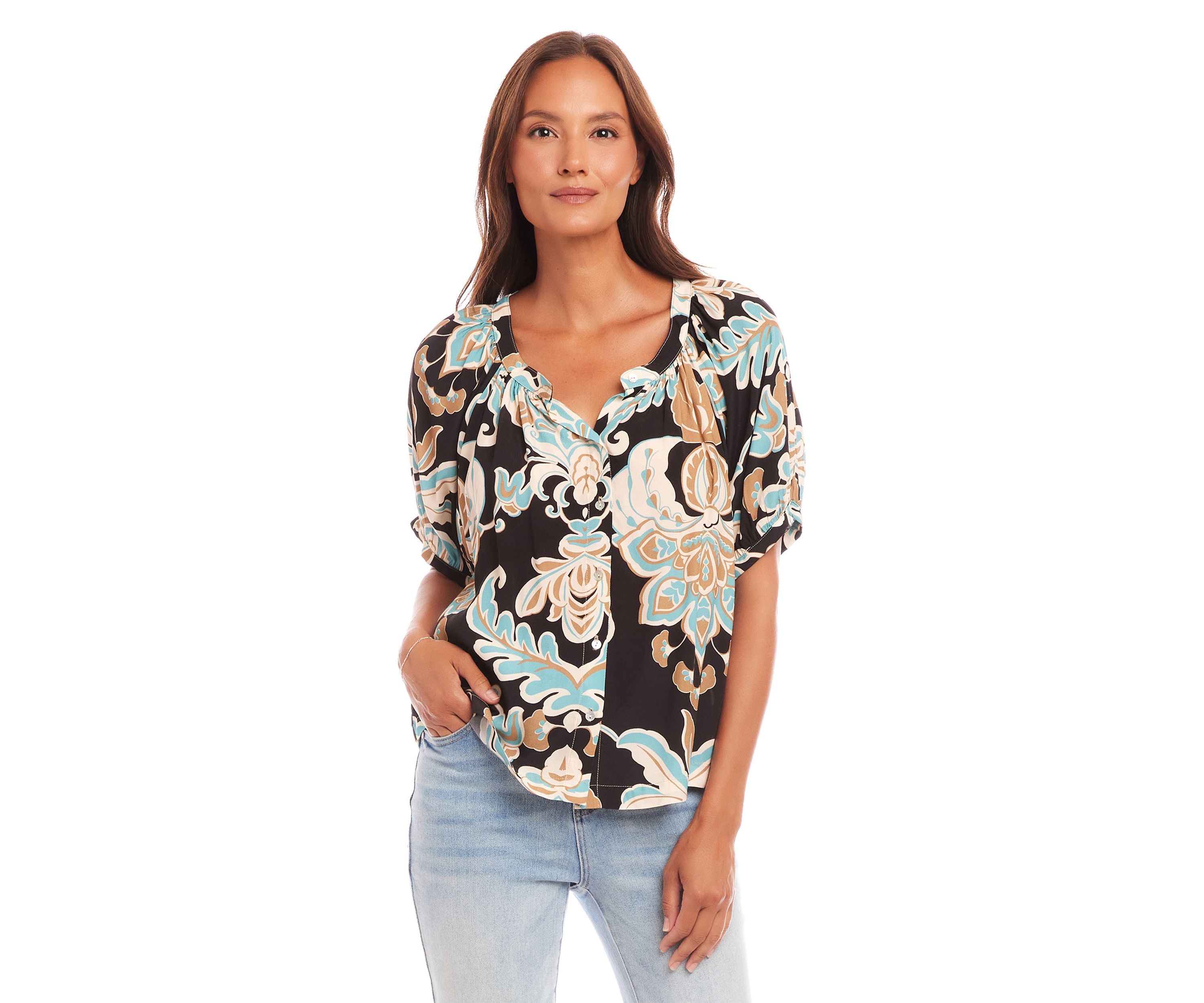Petite Short Sleeve Peasant Top