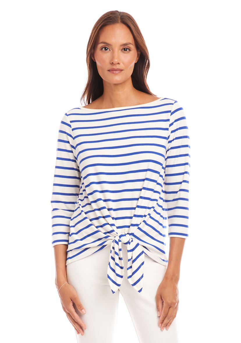 Petite Size Stripe Boat Neck Tie Front Top