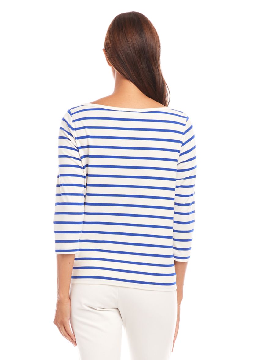 Petite Size Stripe Boat Neck Tie Front Top