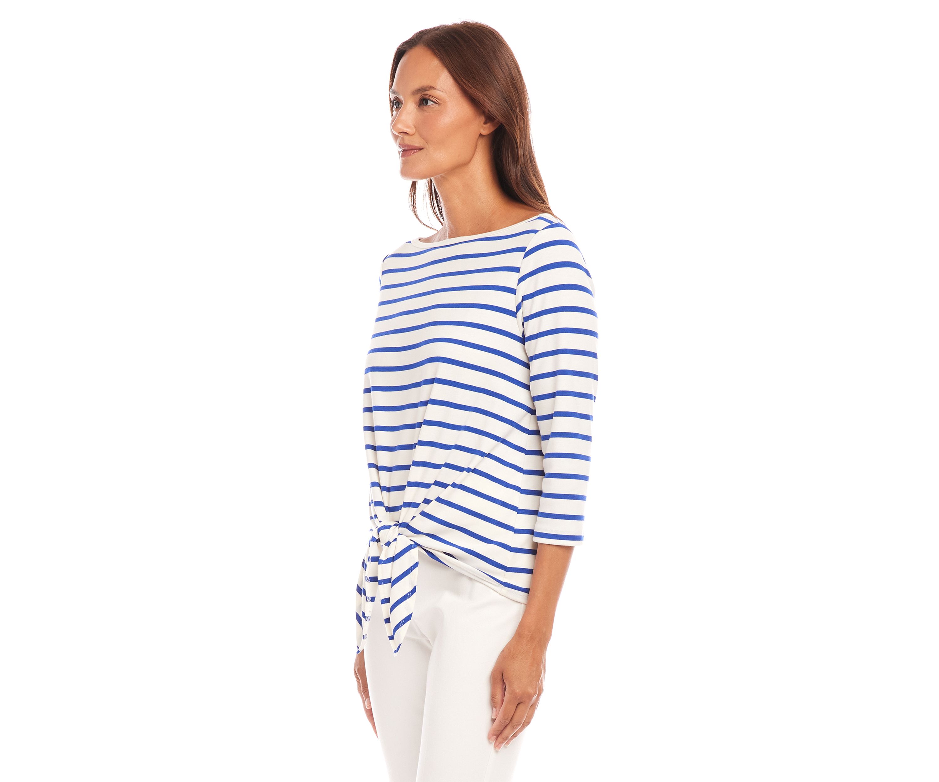 Petite Size Stripe Boat Neck Tie Front Top