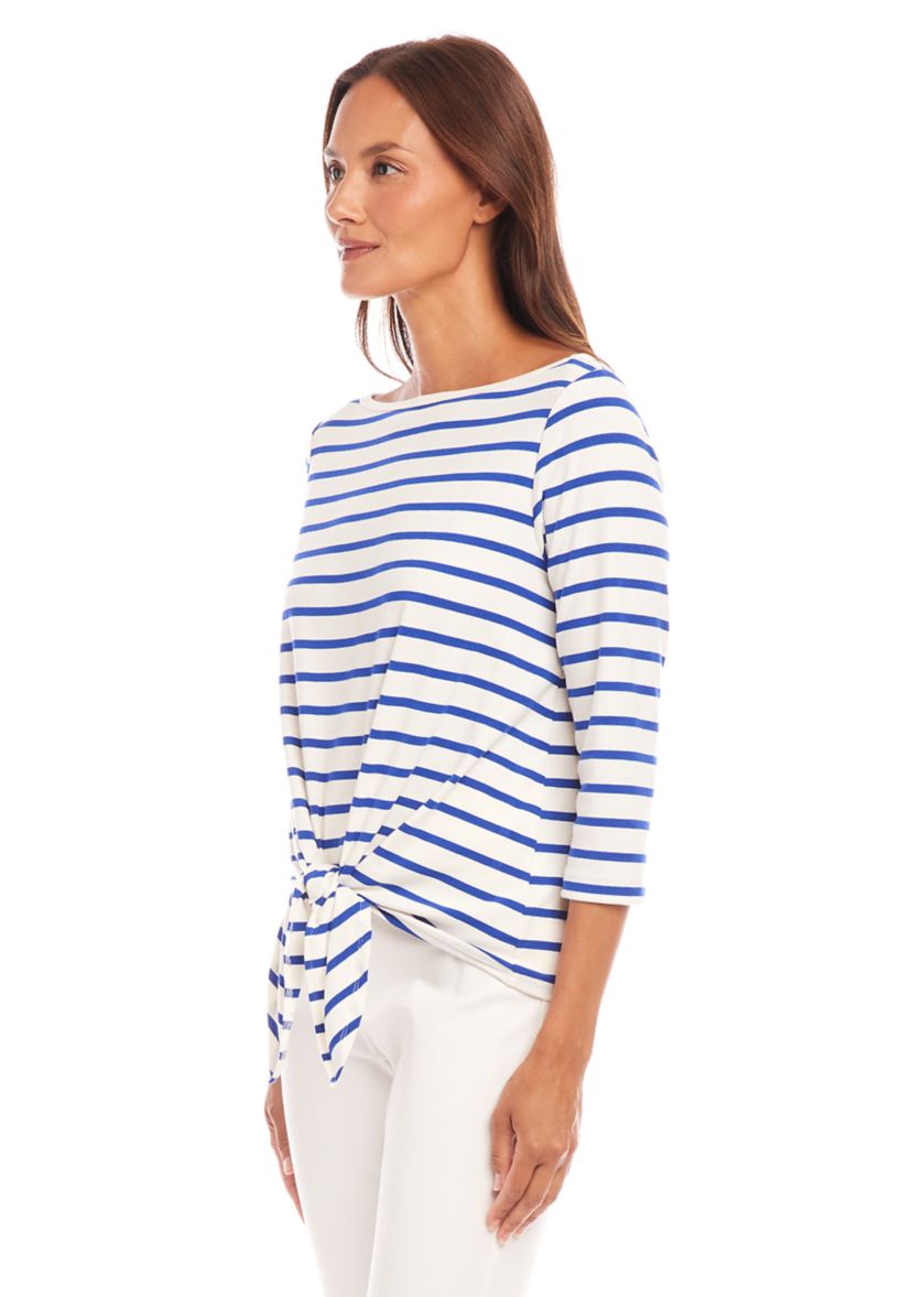 Petite Size Stripe Boat Neck Tie Front Top