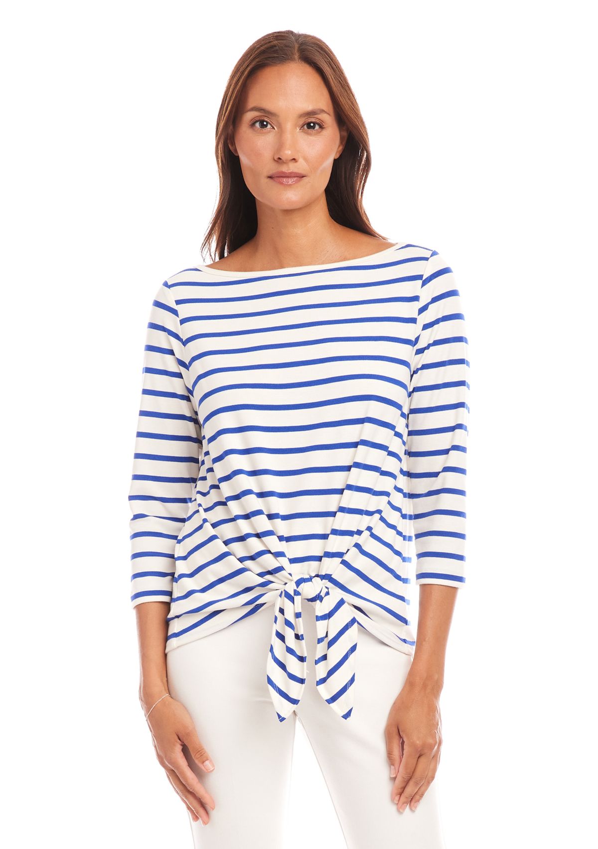 Womens Stripe Boat Neck Tie-Front Top