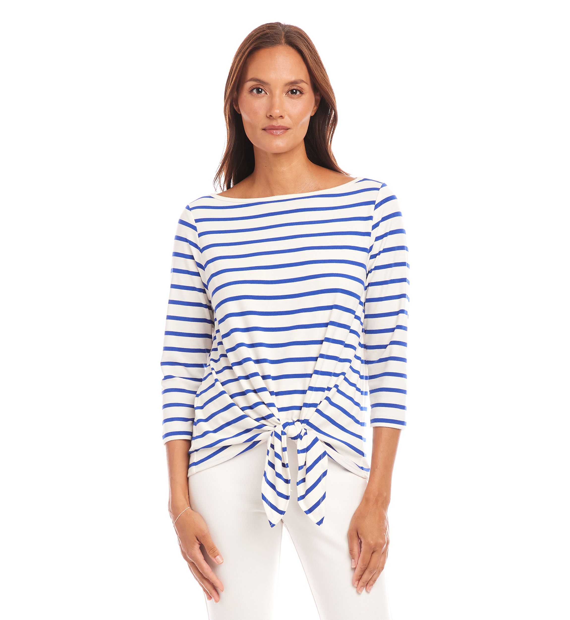 Womens Stripe Boat Neck Tie-Front Top