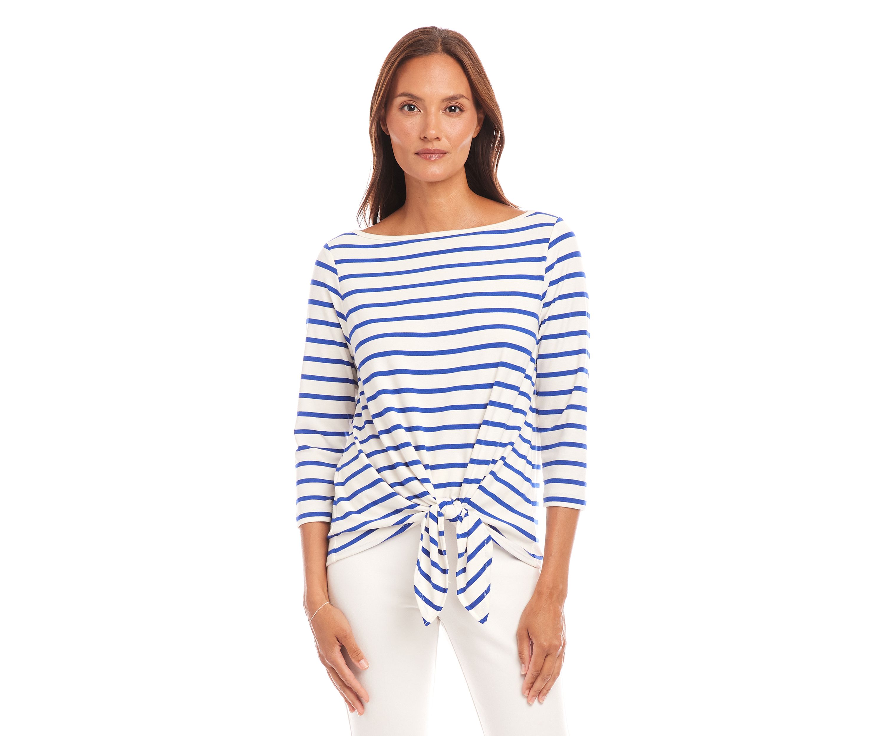 Womens Stripe Boat Neck Tie-Front Top