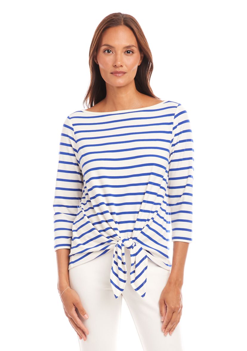 Womens Stripe Boat Neck Tie-Front Top