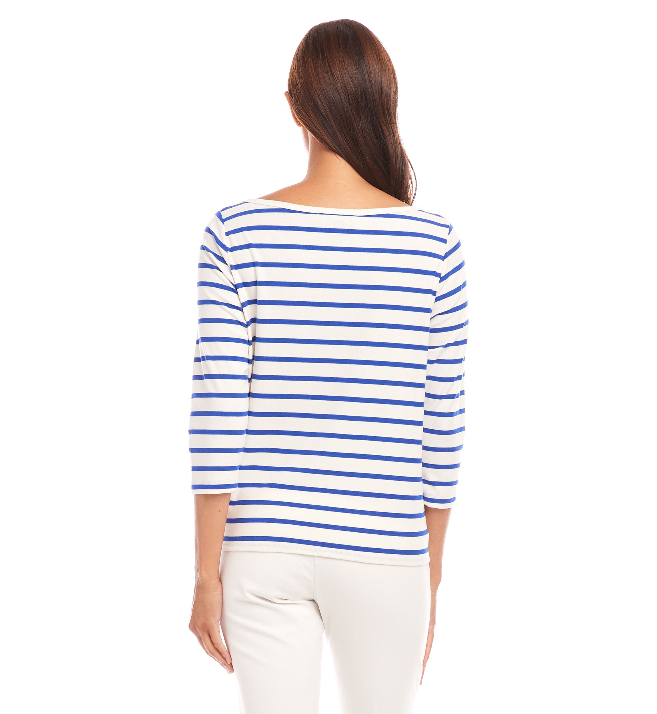 Womens Stripe Boat Neck Tie-Front Top