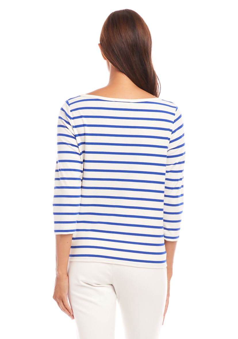 Womens Stripe Boat Neck Tie-Front Top