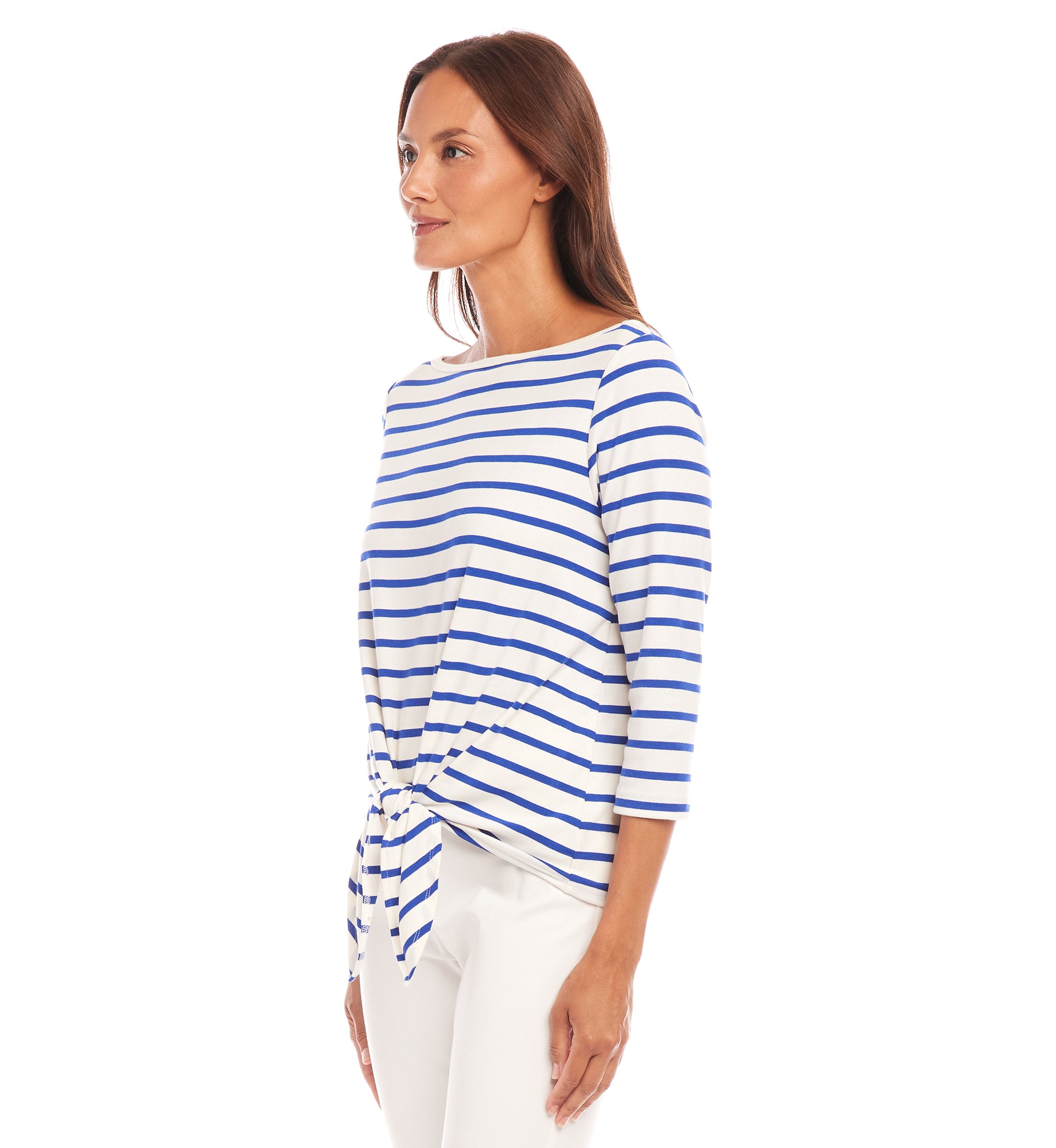 Womens Stripe Boat Neck Tie-Front Top