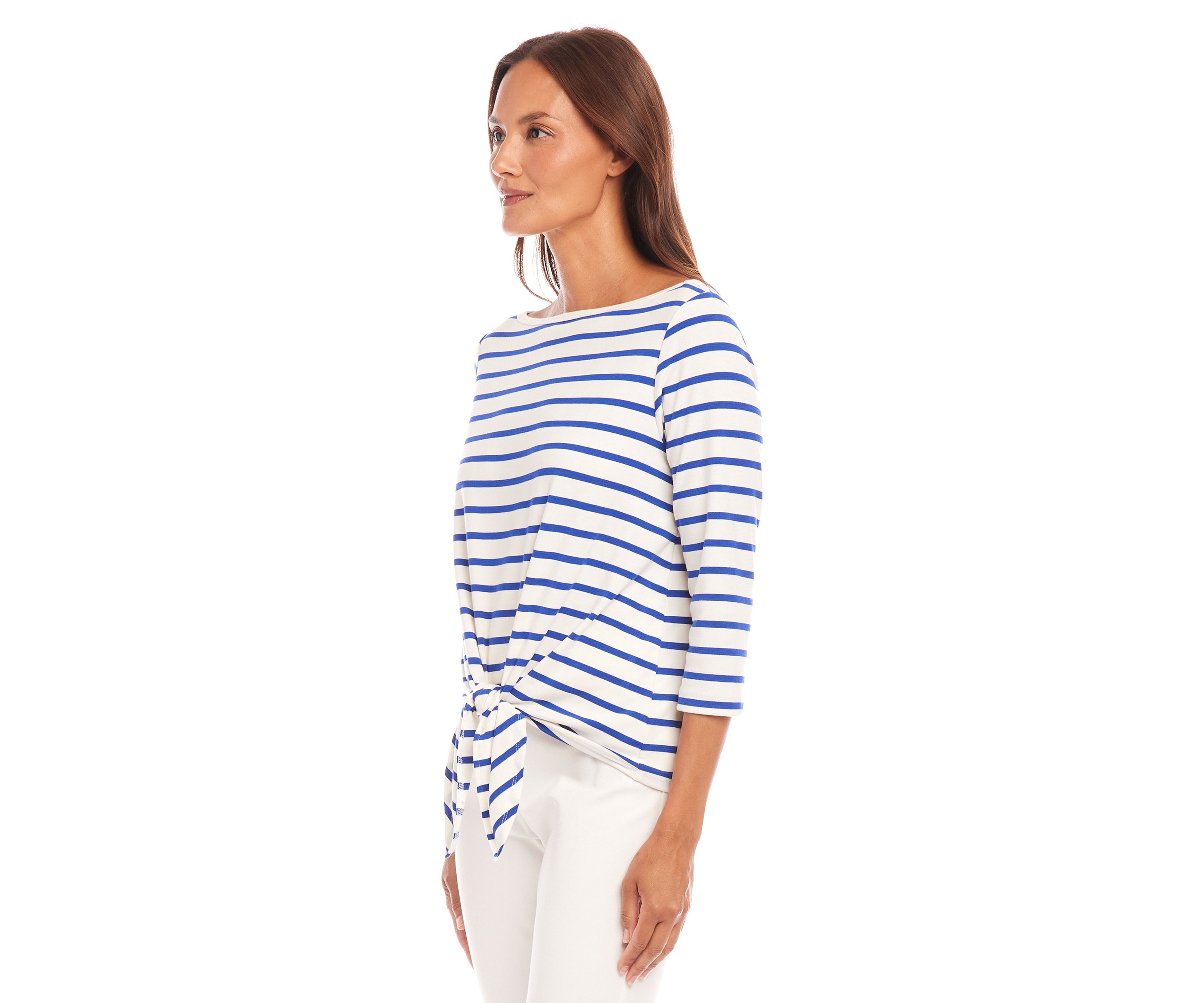 Womens Stripe Boat Neck Tie-Front Top