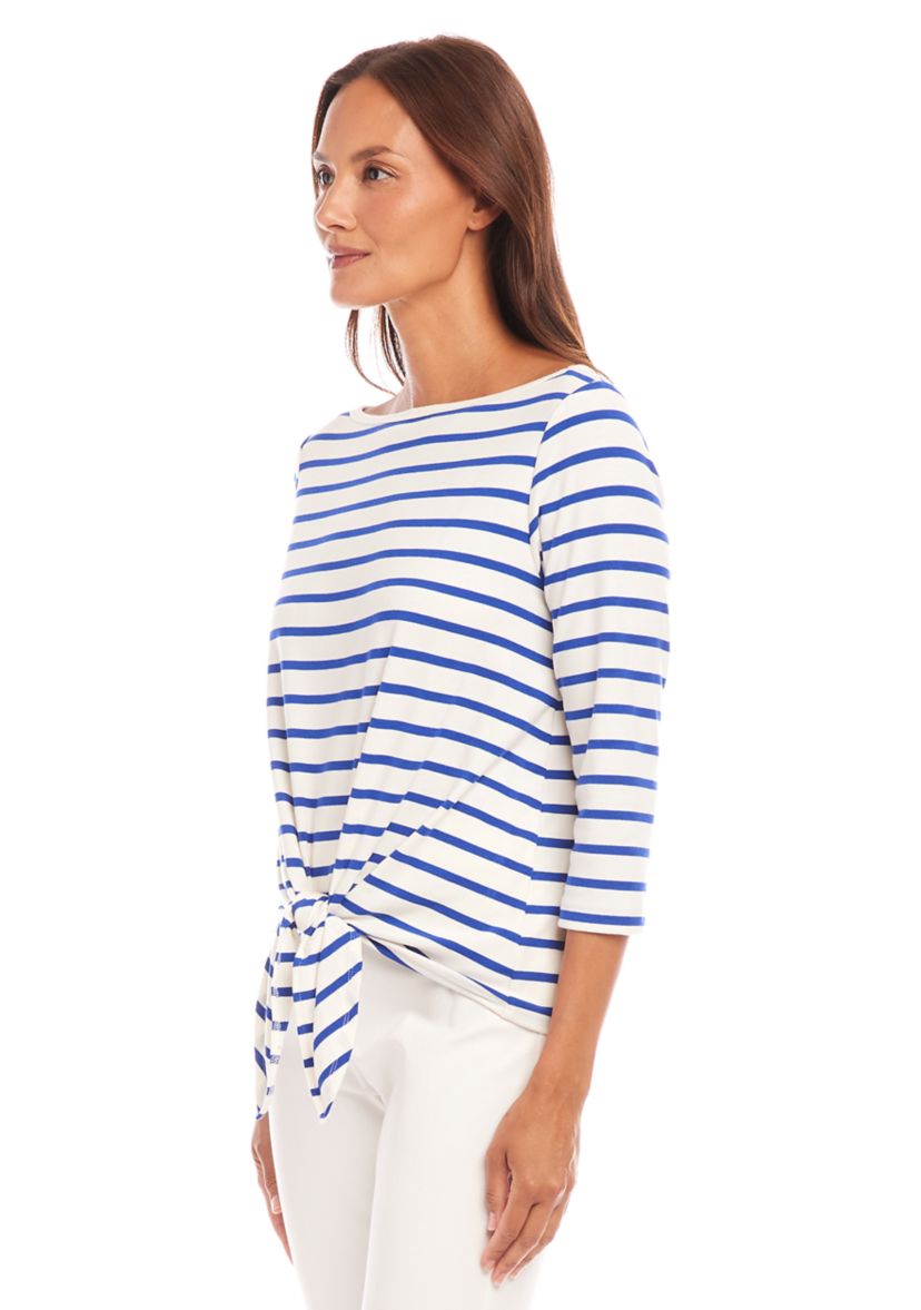 Womens Stripe Boat Neck Tie-Front Top