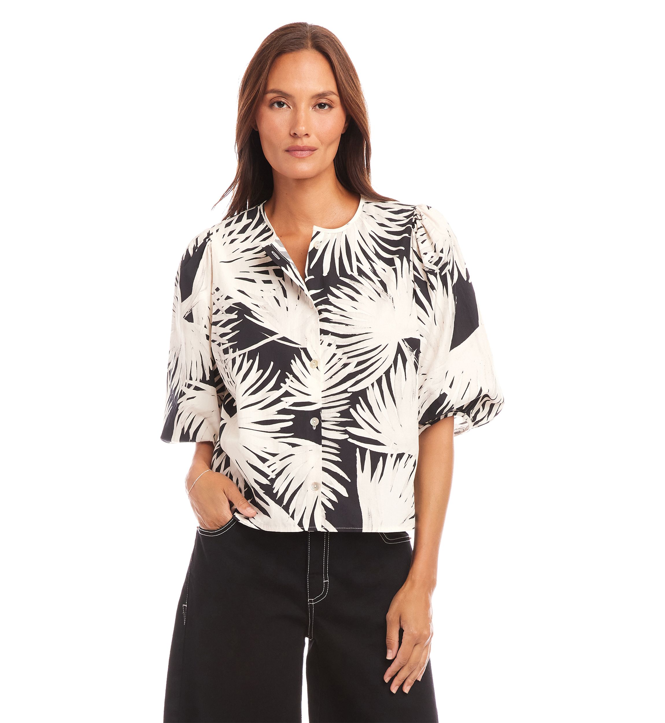 Womens Puff Sleeve Button Front Shirt