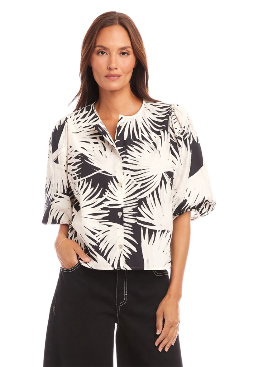 Womens Puff Sleeve Button Front Shirt