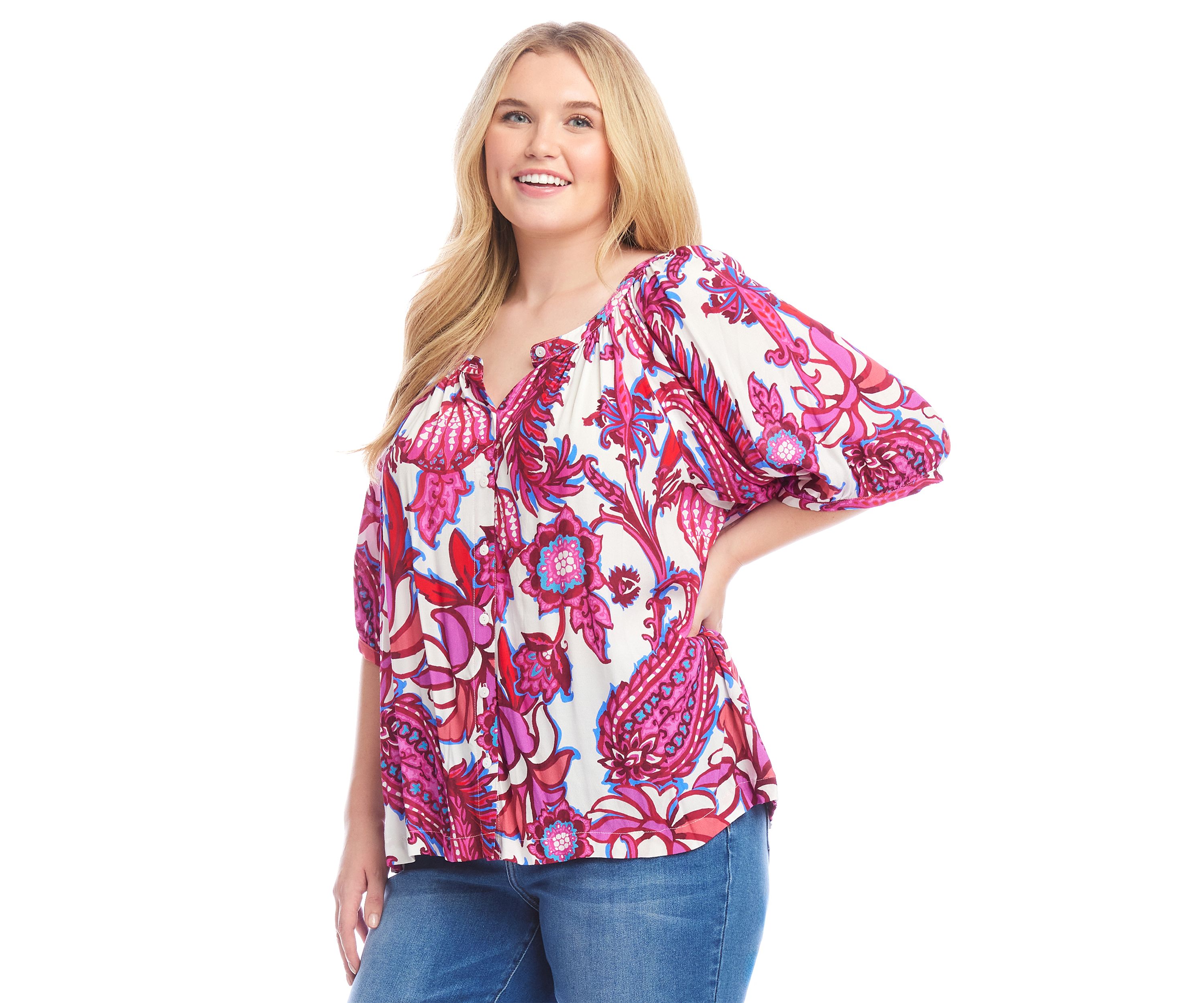 Plus Size Elbow Sleeve Peasant Top