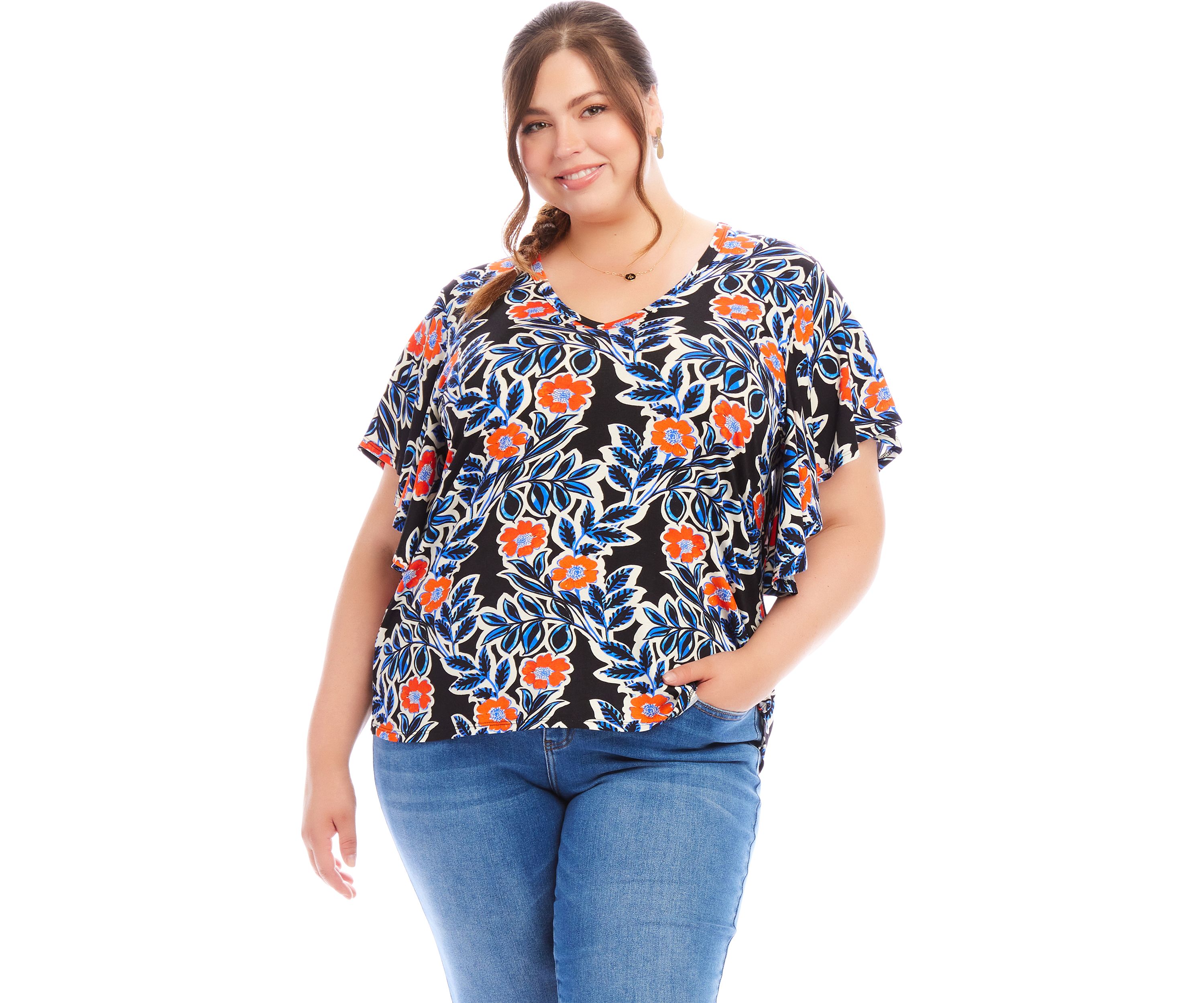 Plus Size Flutter Sleeve V-Neck Top